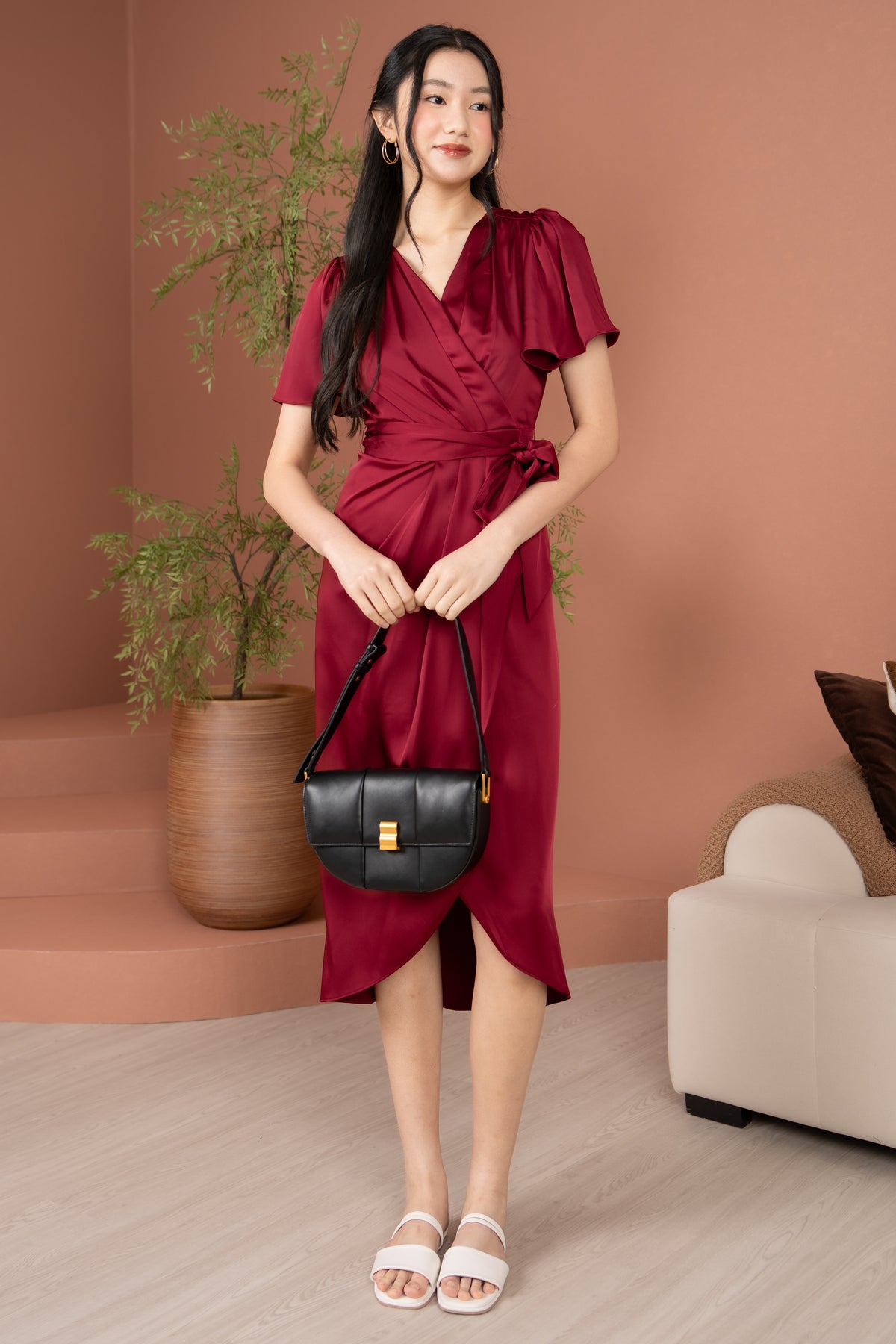 Aurora Flutter Sleeves Tulip Dress in Wine