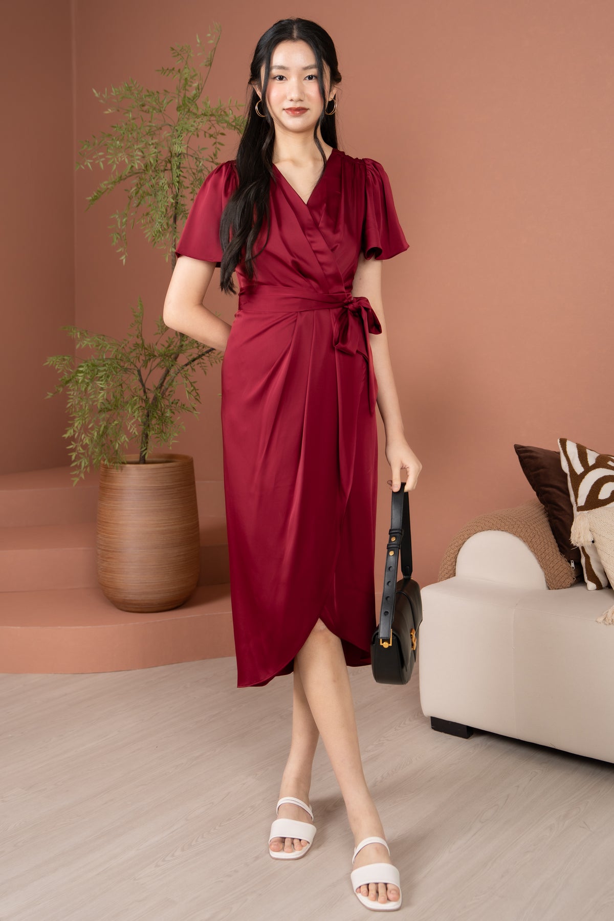 Aurora Flutter Sleeves Tulip Dress in Wine