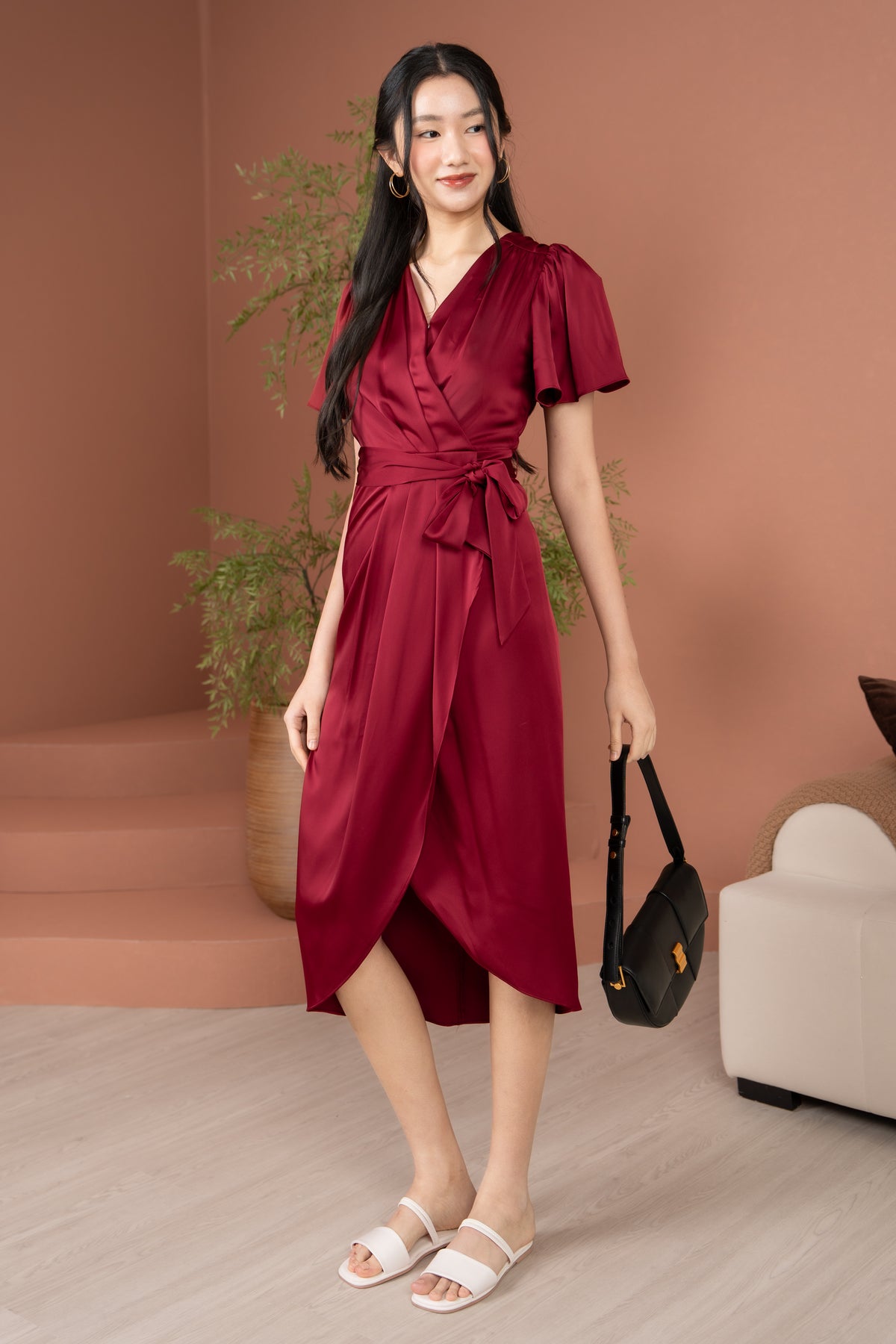 Aurora Flutter Sleeves Tulip Dress in Wine