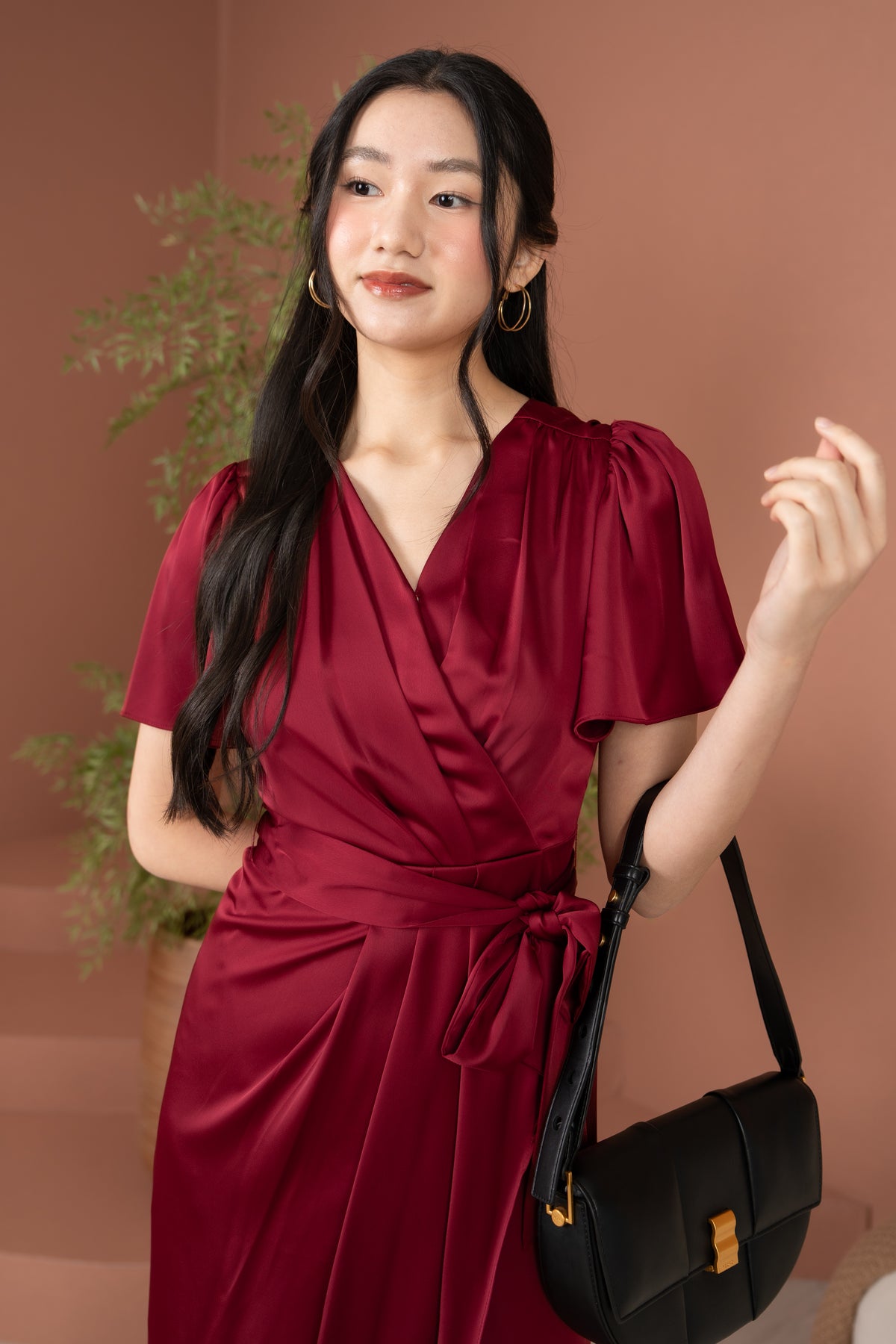 Aurora Flutter Sleeves Tulip Dress in Wine