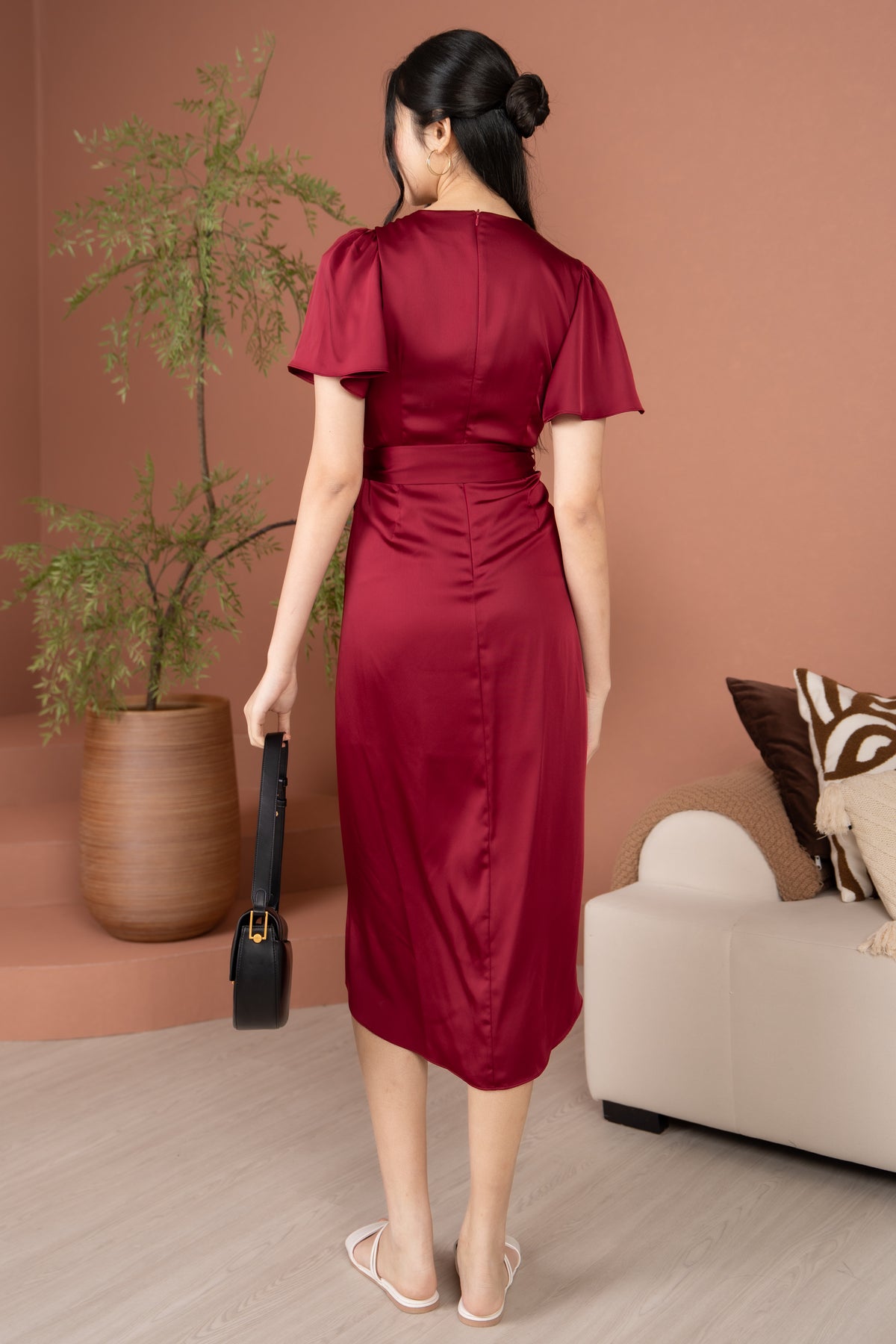 Aurora Flutter Sleeves Tulip Dress in Wine