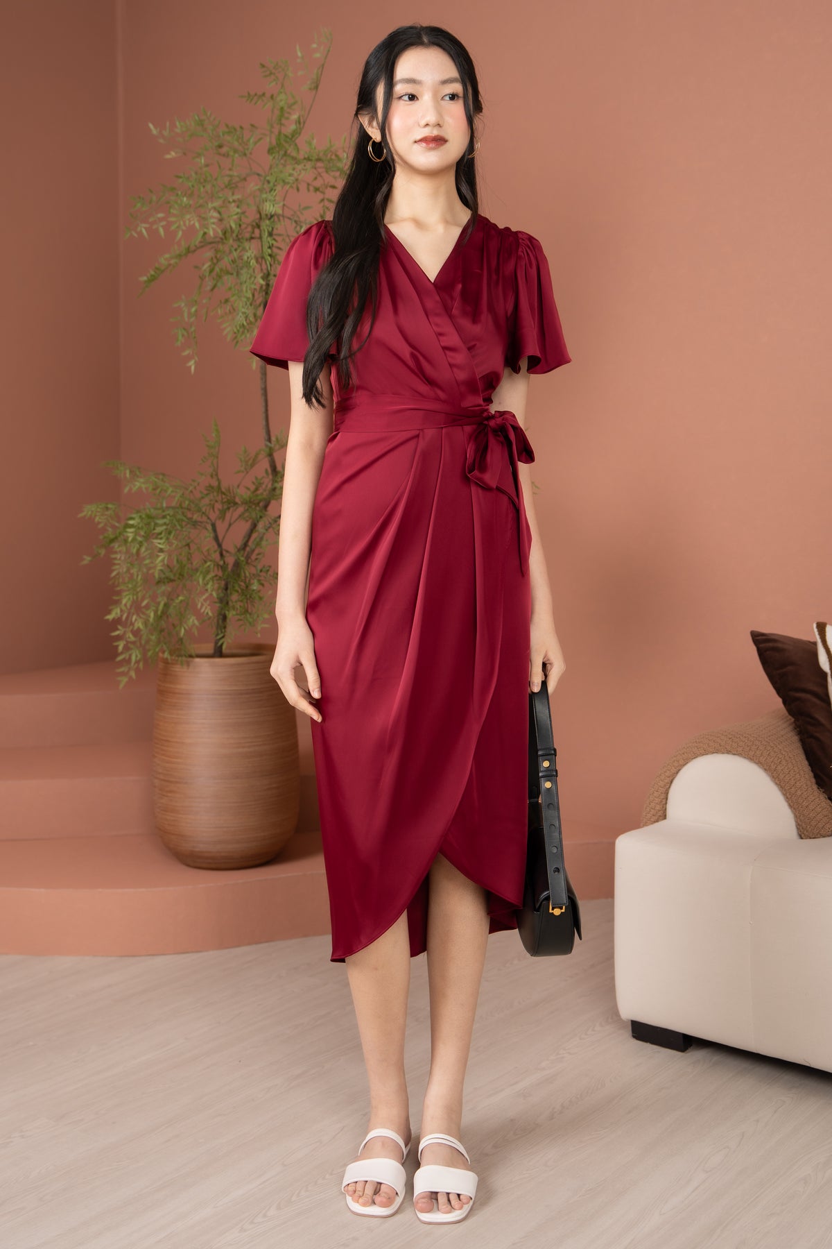 Aurora Flutter Sleeves Tulip Dress in Wine