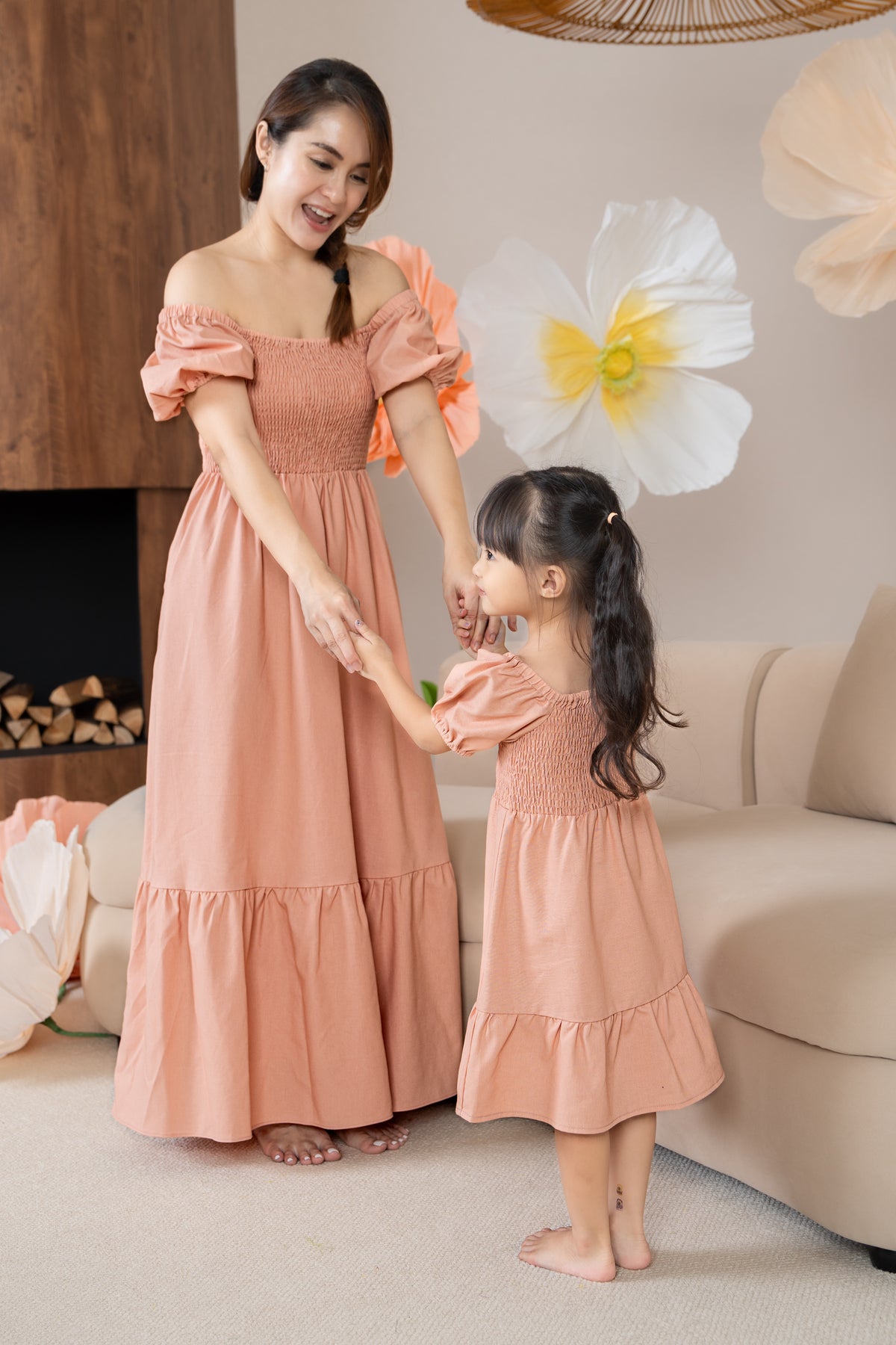 Mini Diana Pouf Sleeves Smocked Drophem Dress in Peach (Kids)