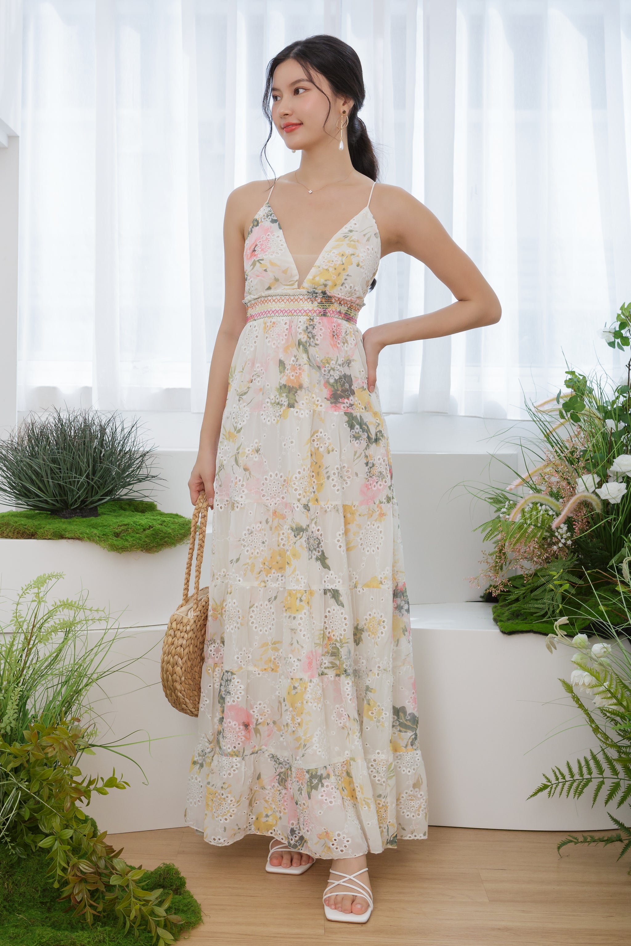 Elena Floral Eyelet Cross-Stitch Plunge Dress in Sweet Pink - TheVelvetDolls Elena Floral Eyelet Cross-Stitch Plunge Dress in Sweet Pink - TheVelvetDolls
