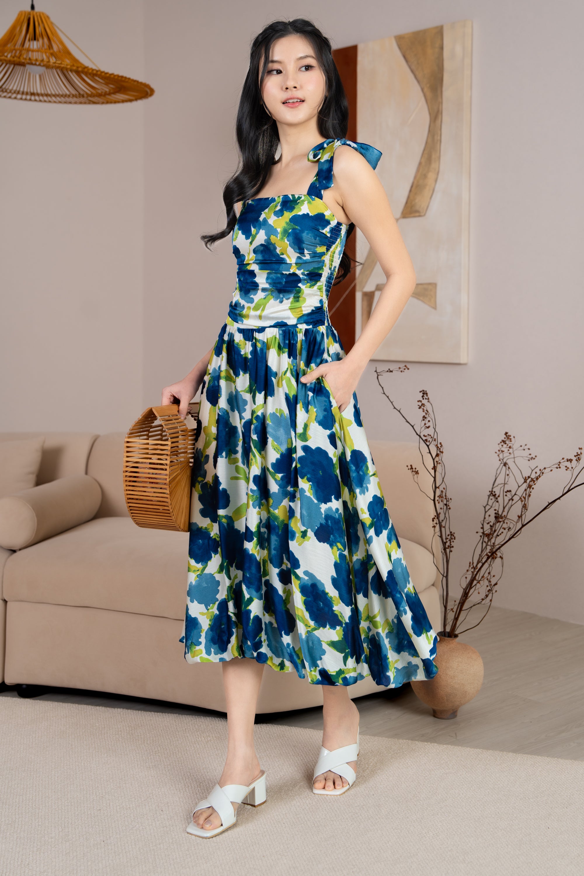 Krissy Ruched Tie Straps Bubble Dress in Blue Florals TheVelvetDolls