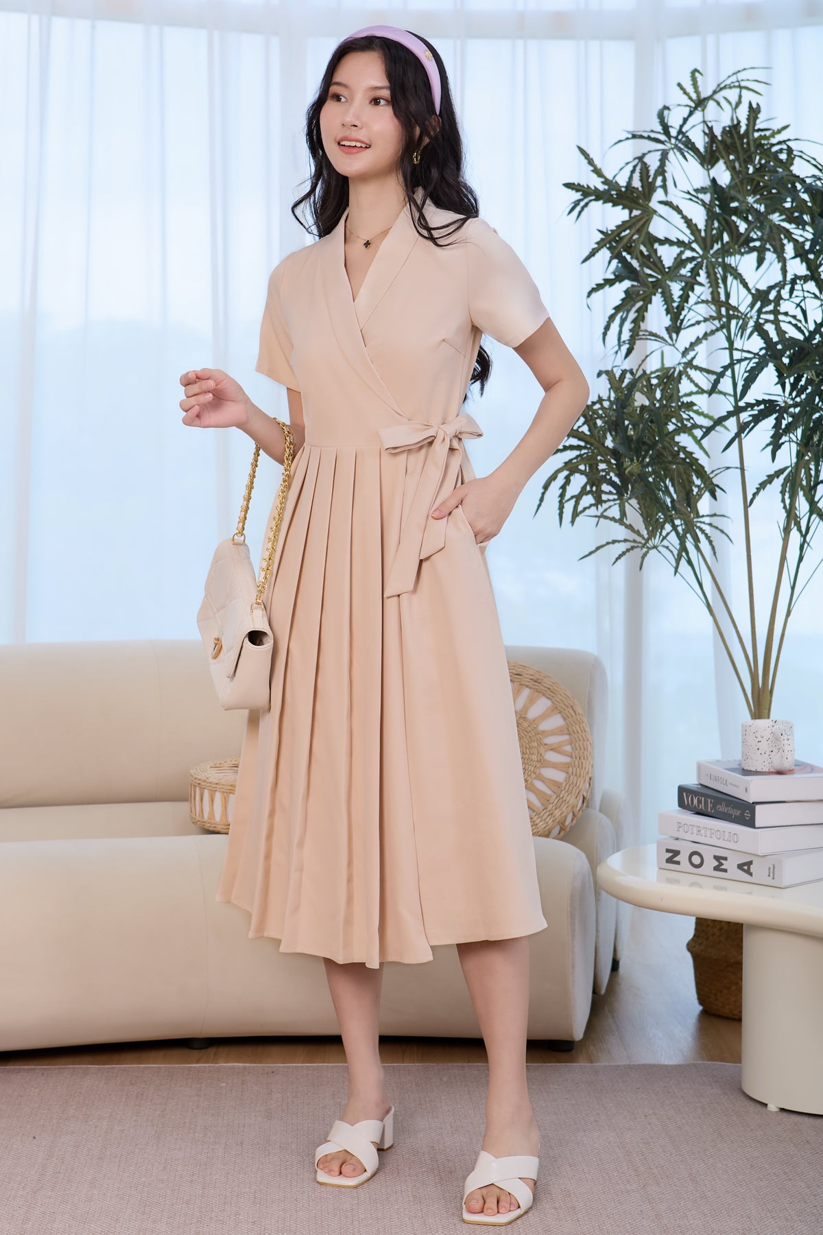 Lapel Collar Pleat Wrap Dress in Sand