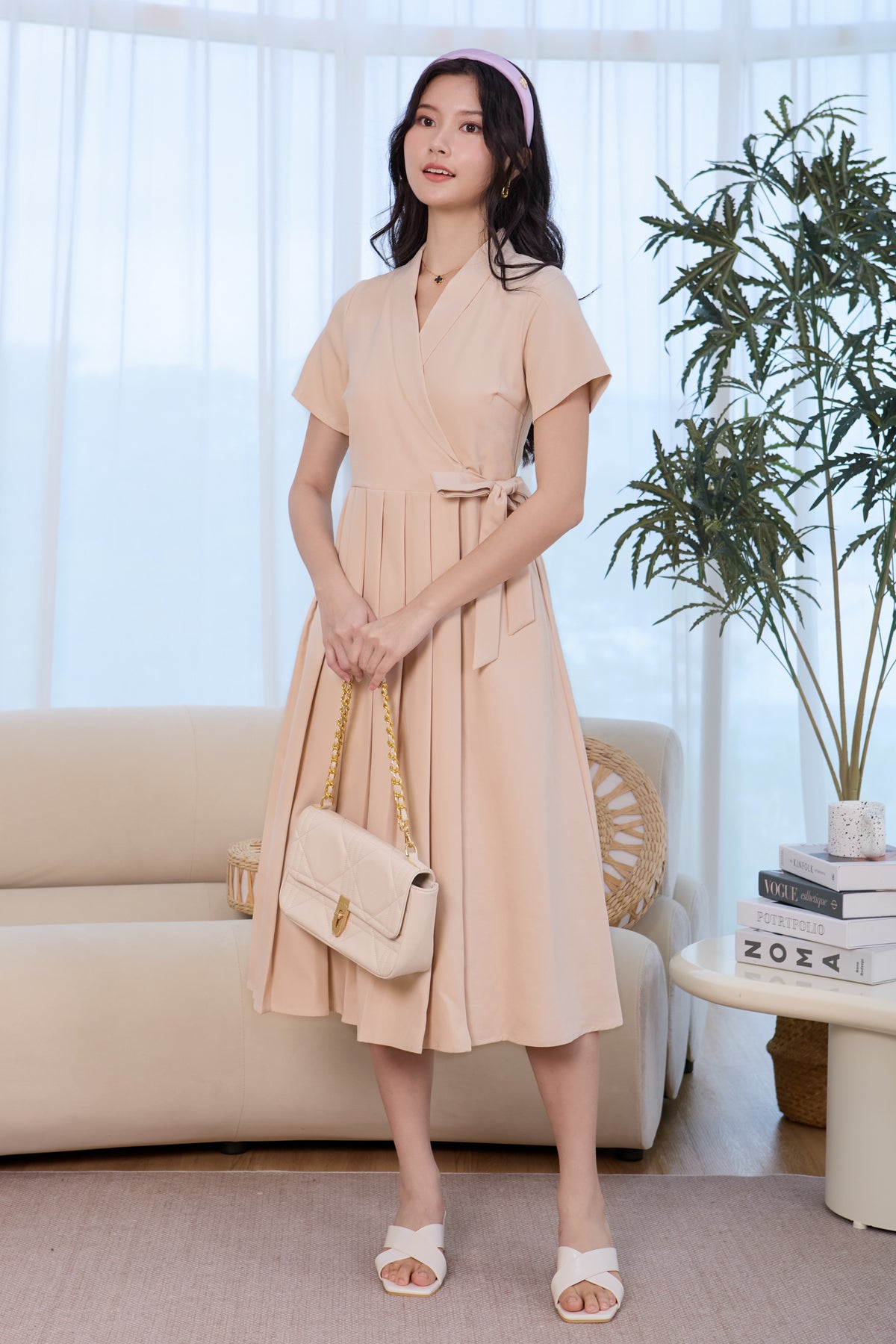 Lapel Collar Pleat Wrap Dress in Sand
