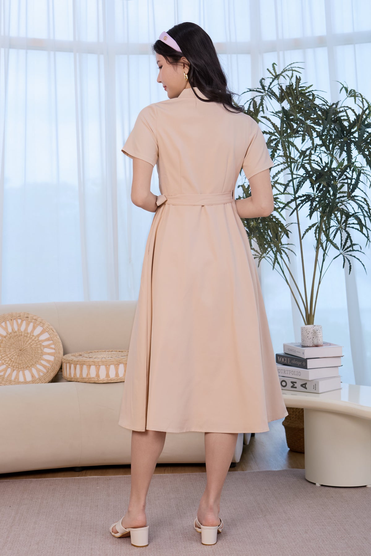 Lapel Collar Pleat Wrap Dress in Sand