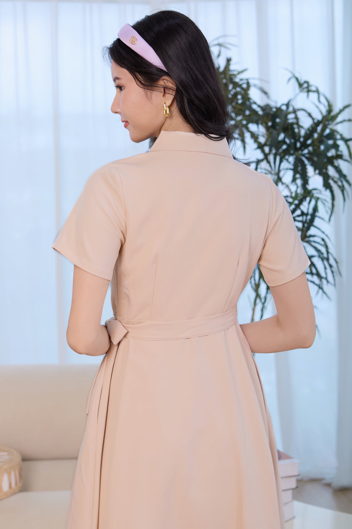 Lapel Collar Pleat Wrap Dress in Sand