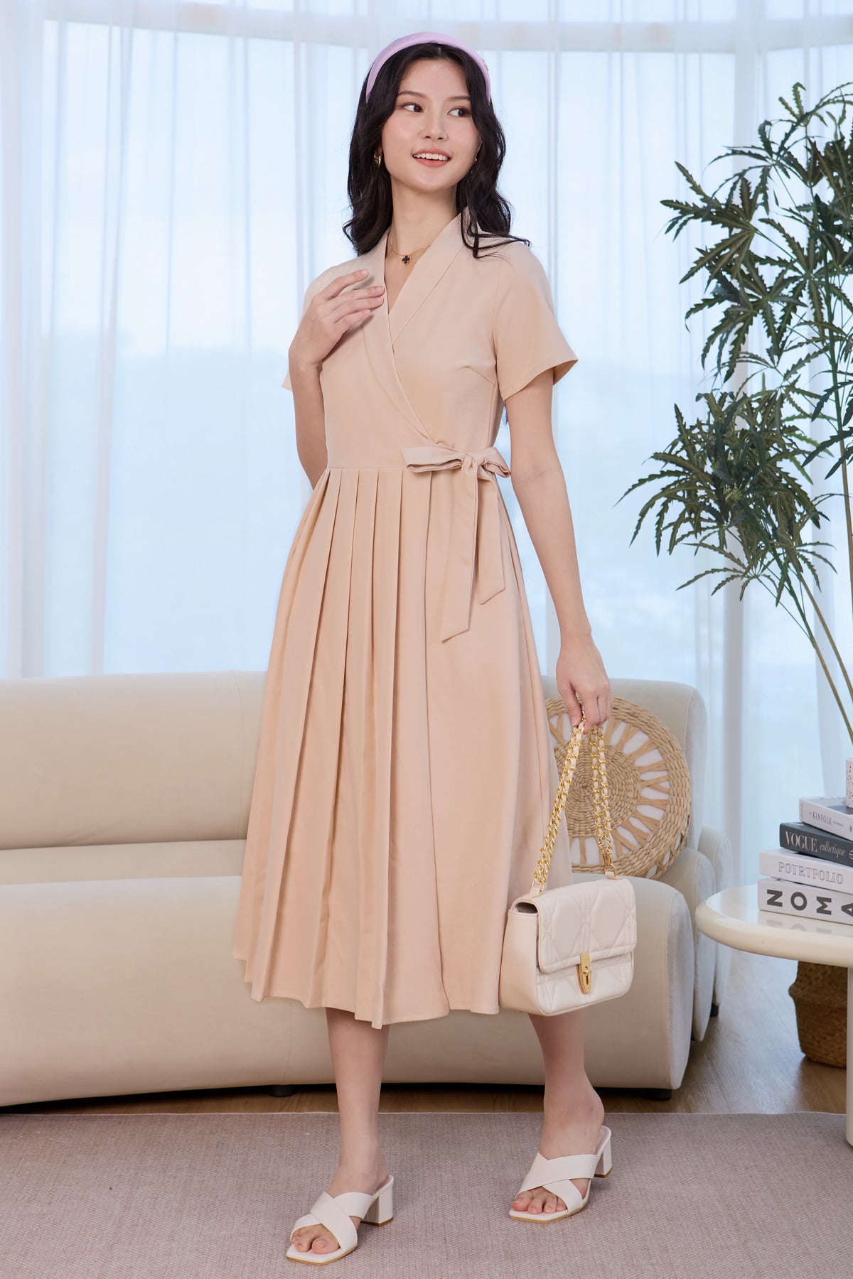 Lapel Collar Pleat Wrap Dress in Sand