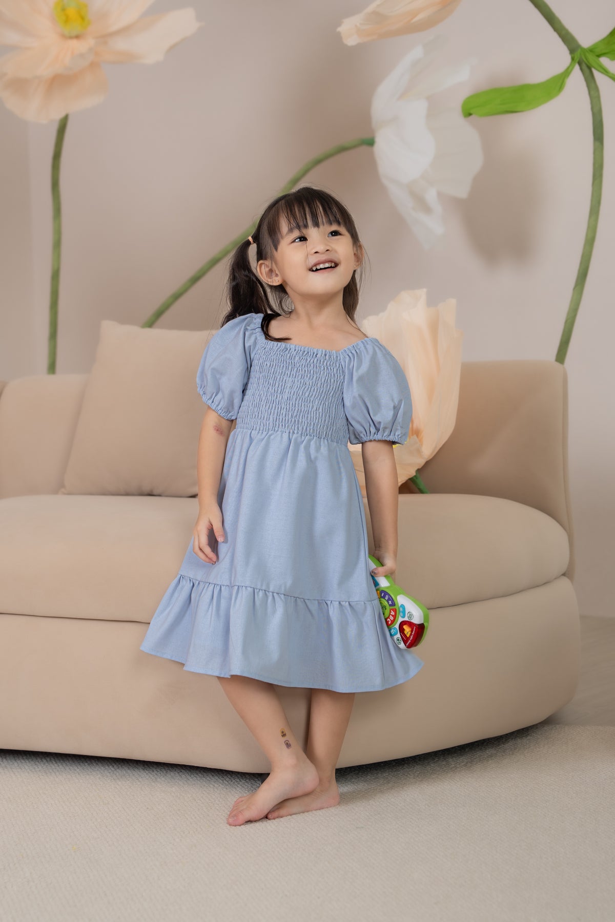 Mini Diana Pouf Sleeves Smocked Drophem Dress in Sky (Kids)