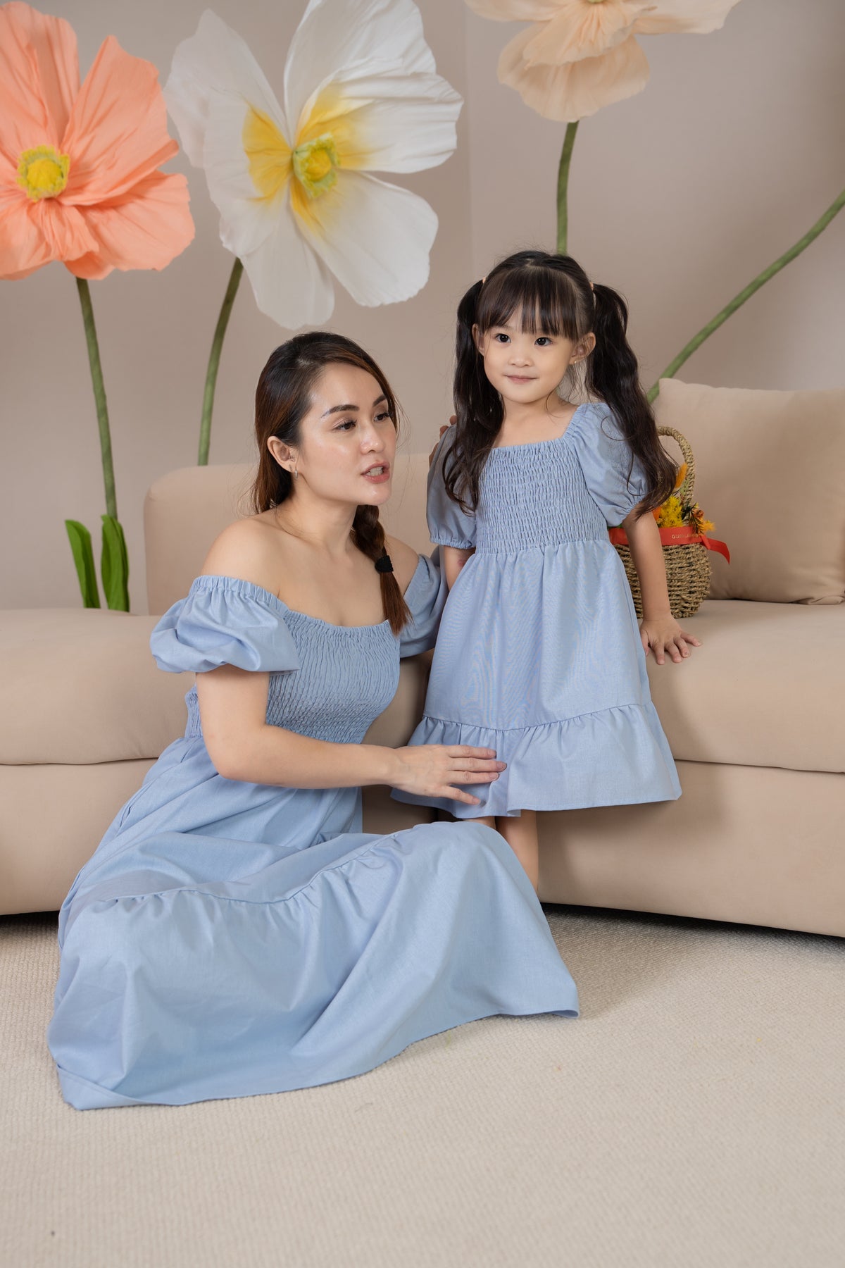 Mini Diana Pouf Sleeves Smocked Drophem Dress in Sky (Kids)