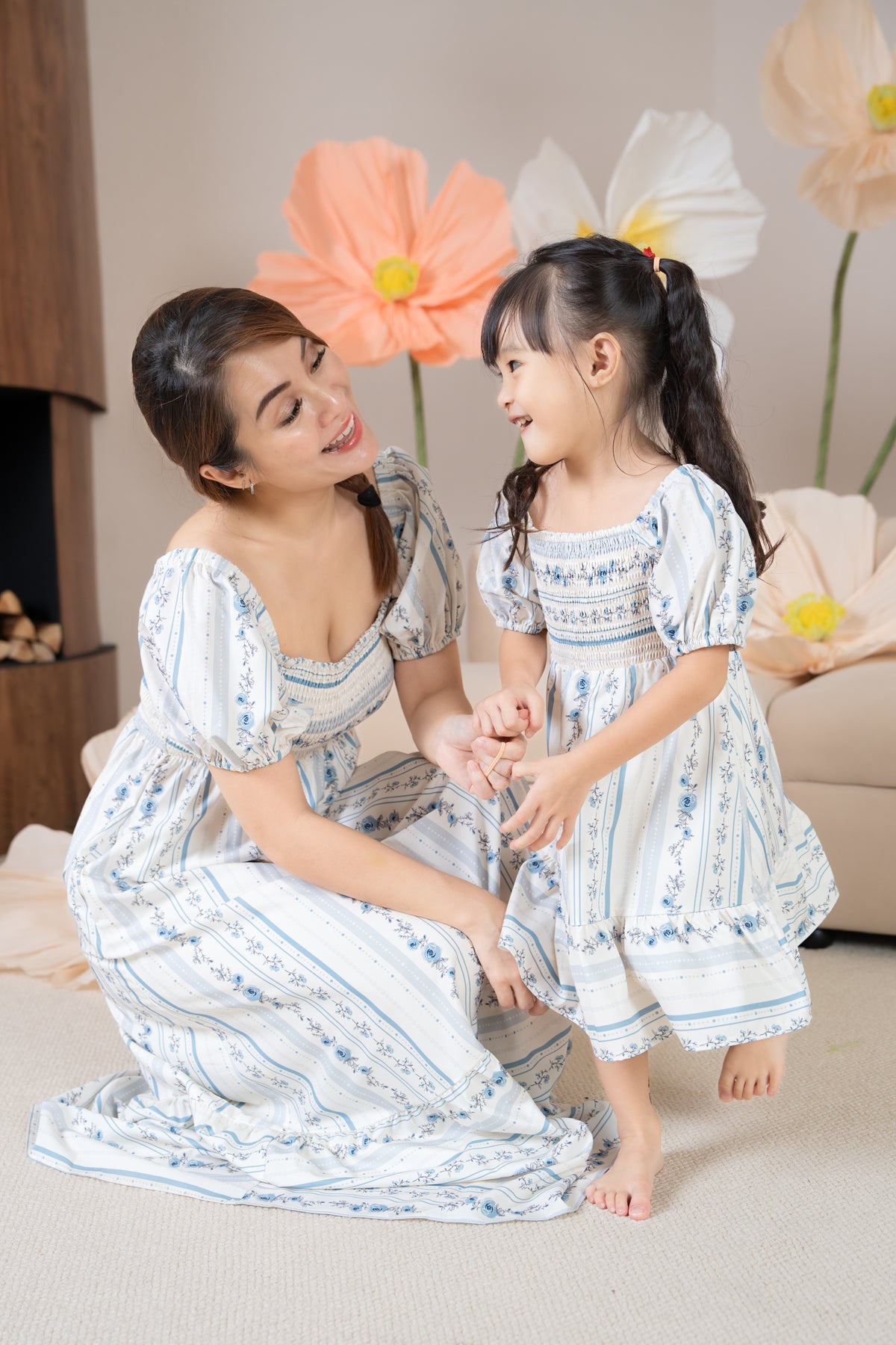 Diana Pouf Sleeves Smocked Drophem Dress in Vintage Blue