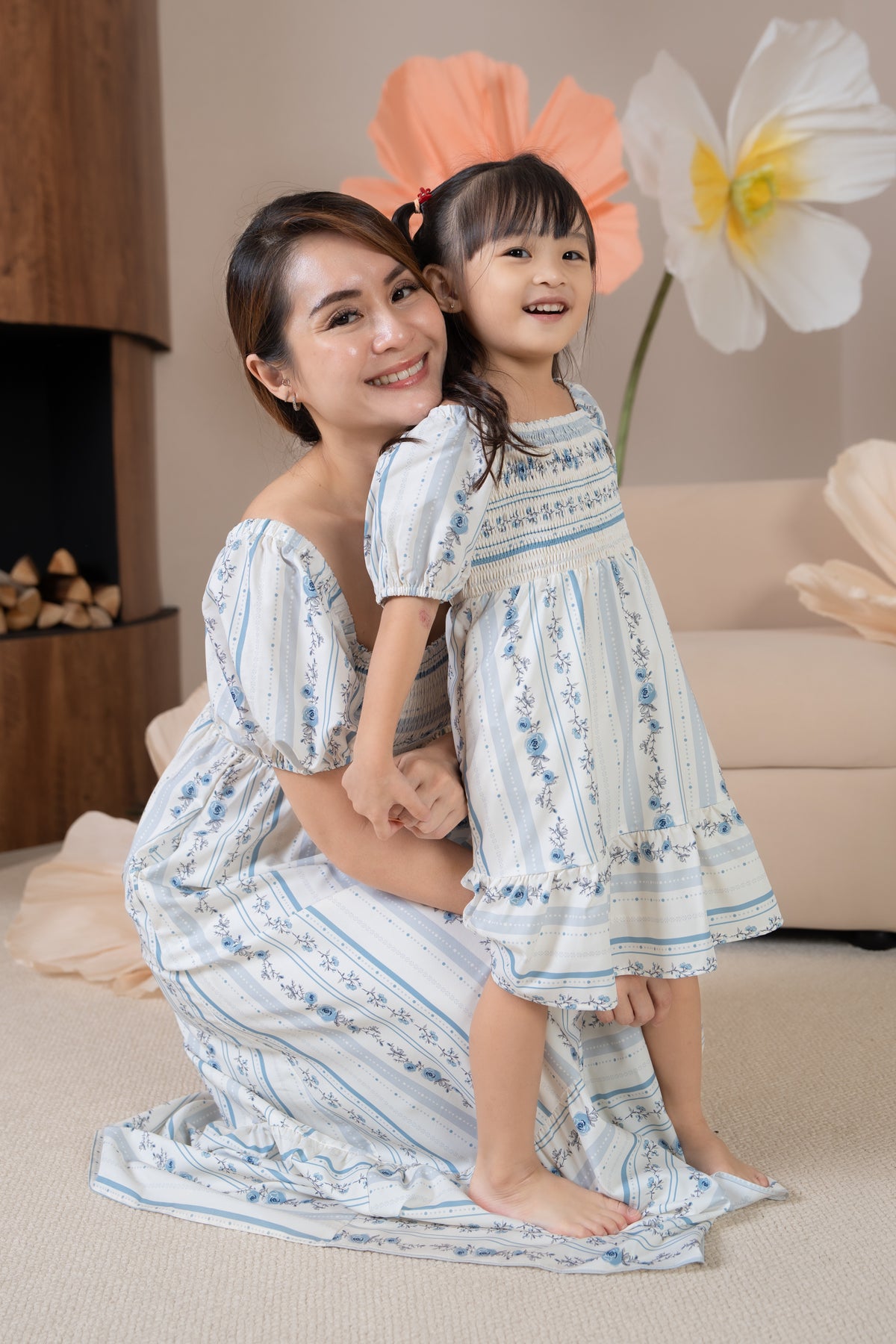 Diana Pouf Sleeves Smocked Drophem Dress in Vintage Blue