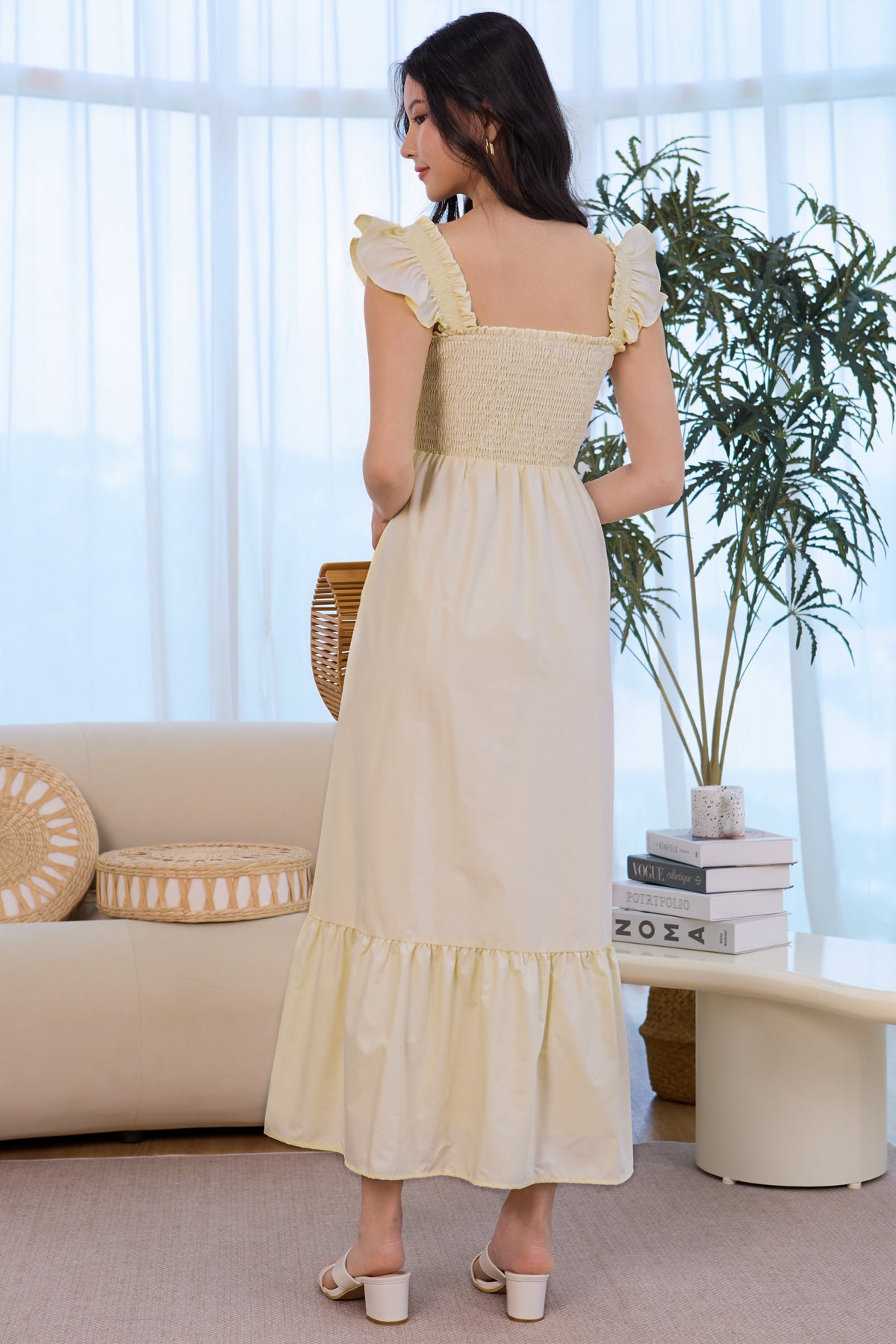 Ruffle Sleeves Smocked Drophem Dress in Pale Yellow