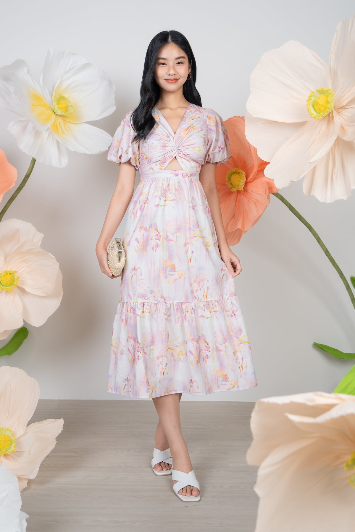 Sharon Twist-Front Pouf Sleeves Dress in Pink Floral