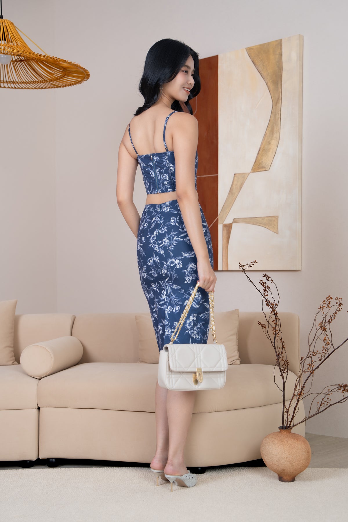 Floral Pencil Midi Skirt in Navy