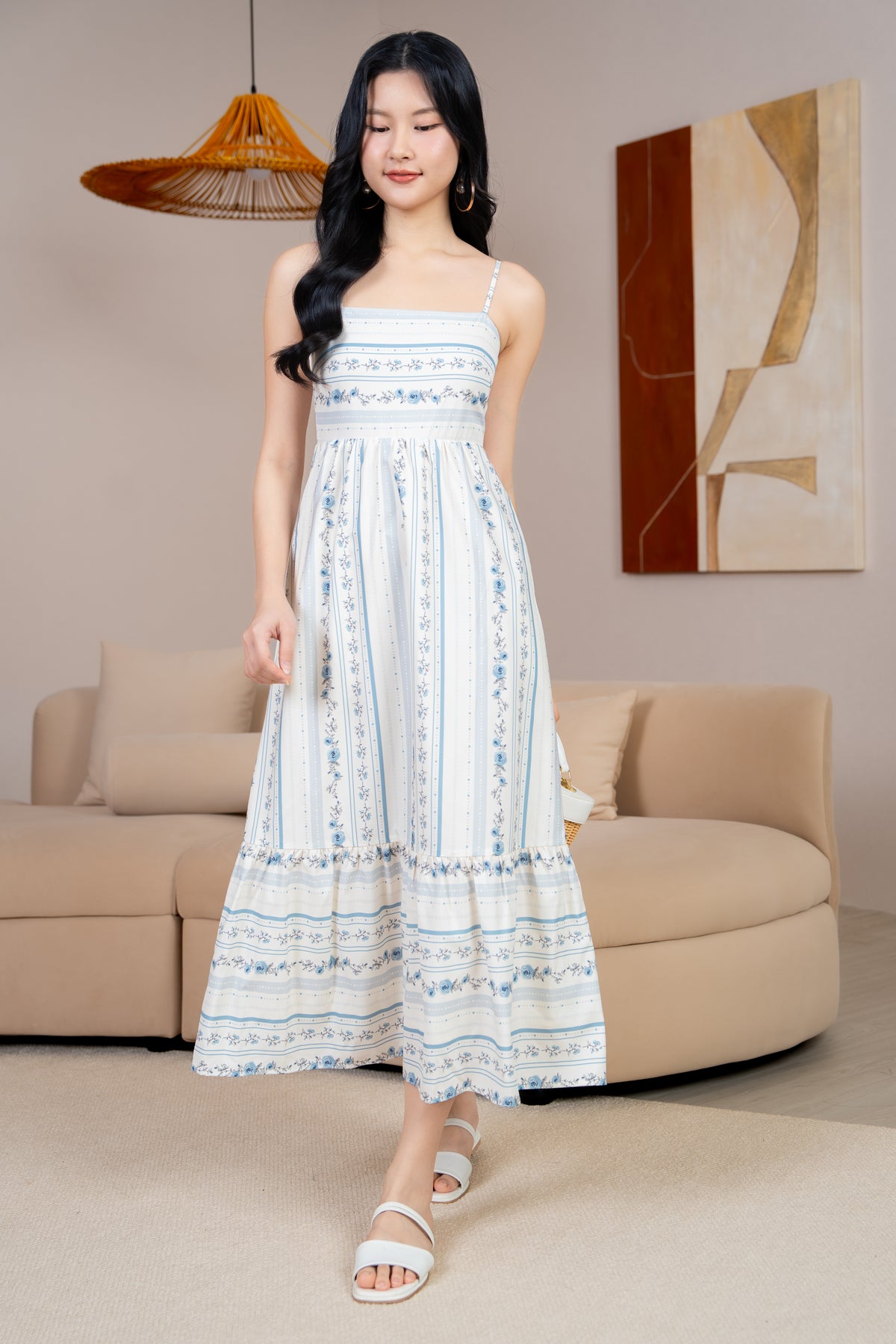 Sophie Floral Strappy Drophem Dress in Vintage Blue