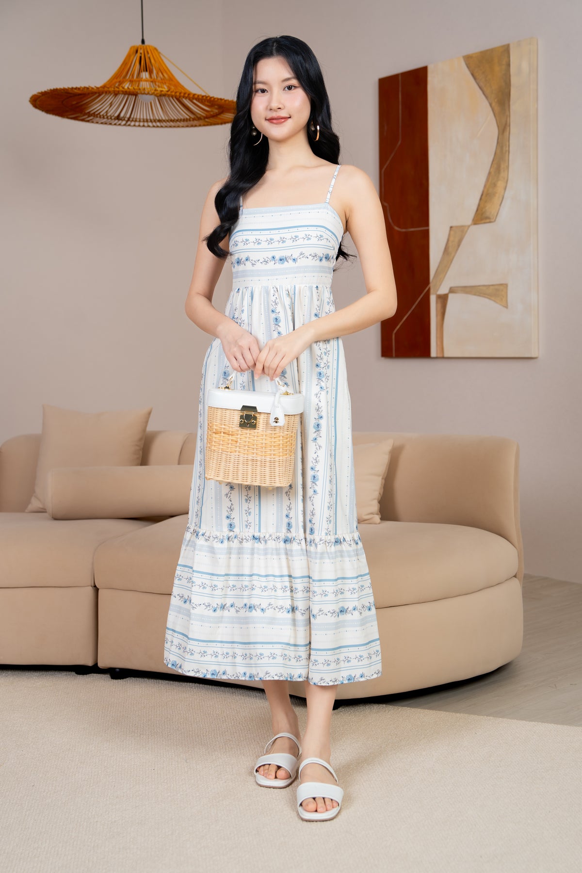 Sophie Floral Strappy Drophem Dress in Vintage Blue