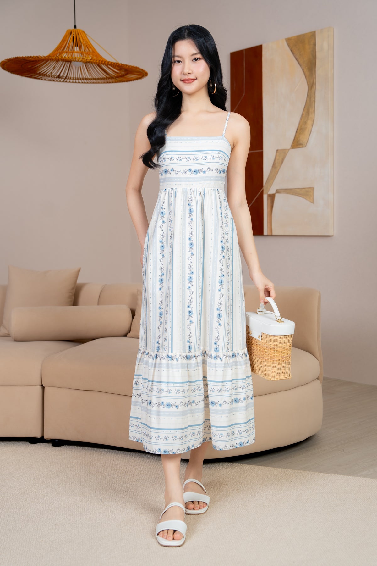 Sophie Floral Strappy Drophem Dress in Vintage Blue