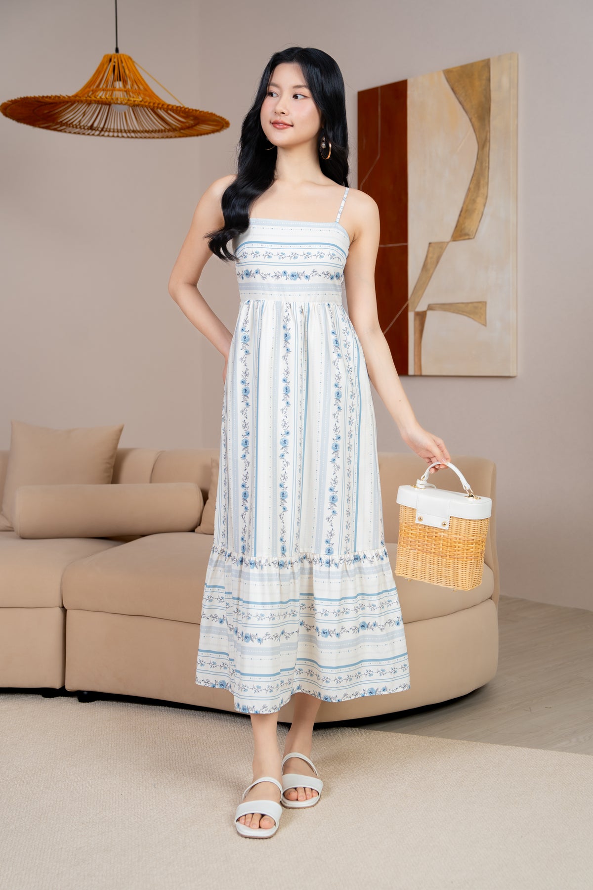 Sophie Floral Strappy Drophem Dress in Vintage Blue