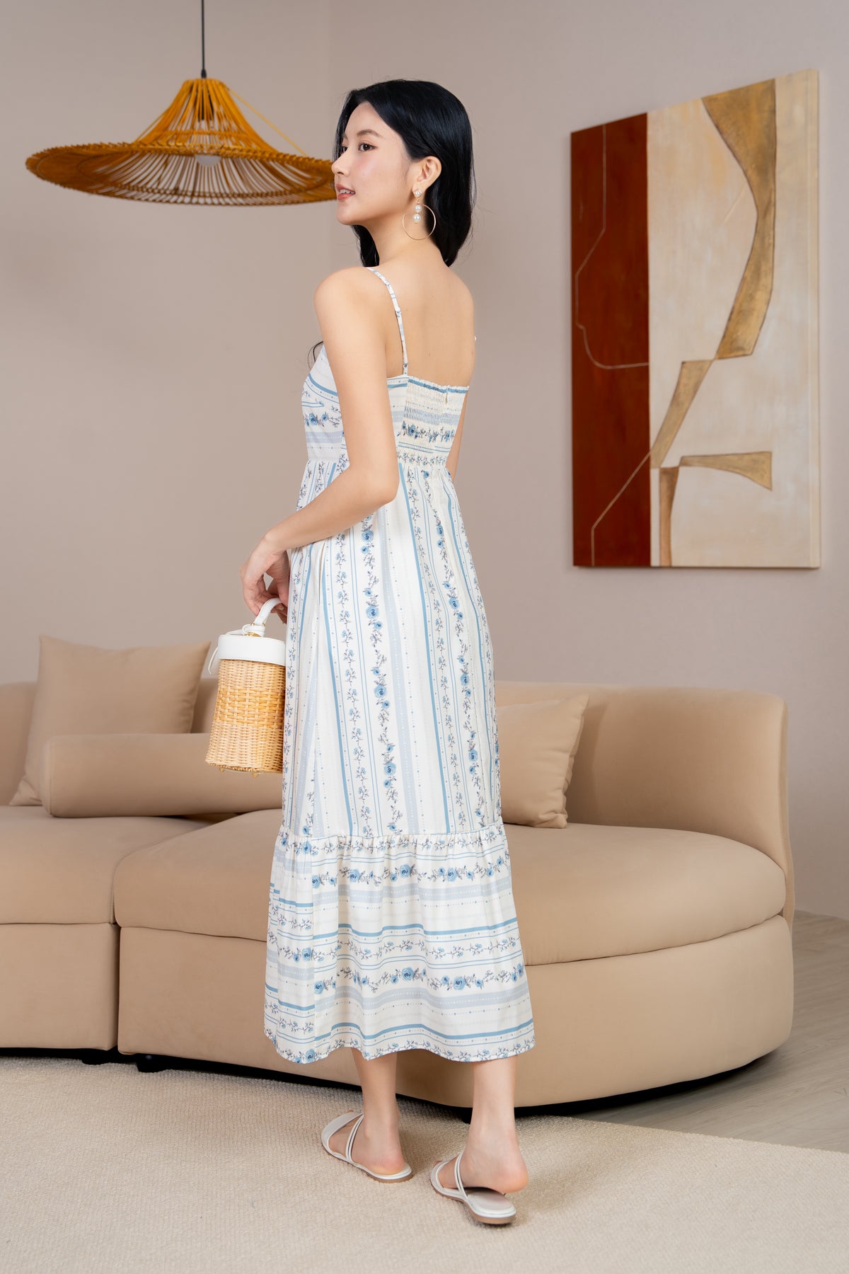 Sophie Floral Strappy Drophem Dress in Vintage Blue