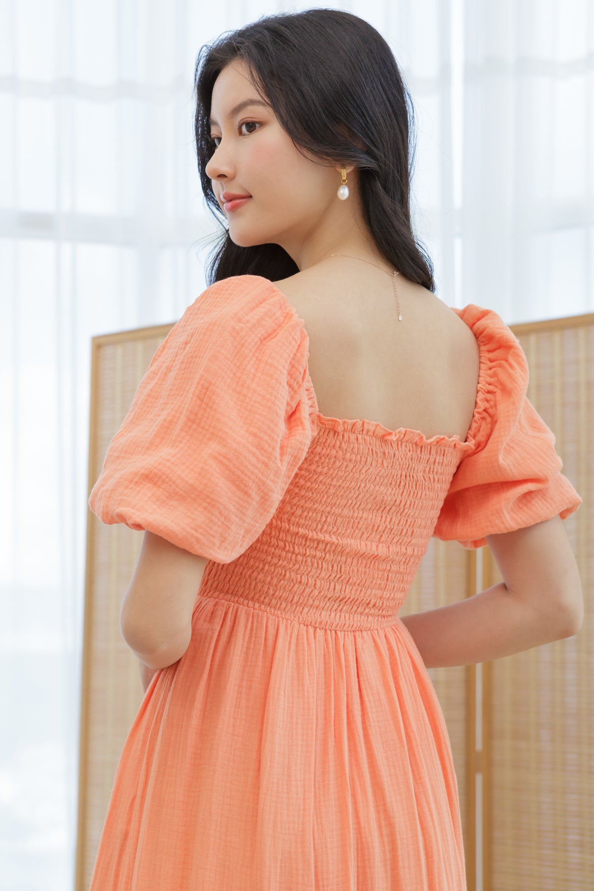 Daphne Pouf Sleeves Smocked Dress in Salmon