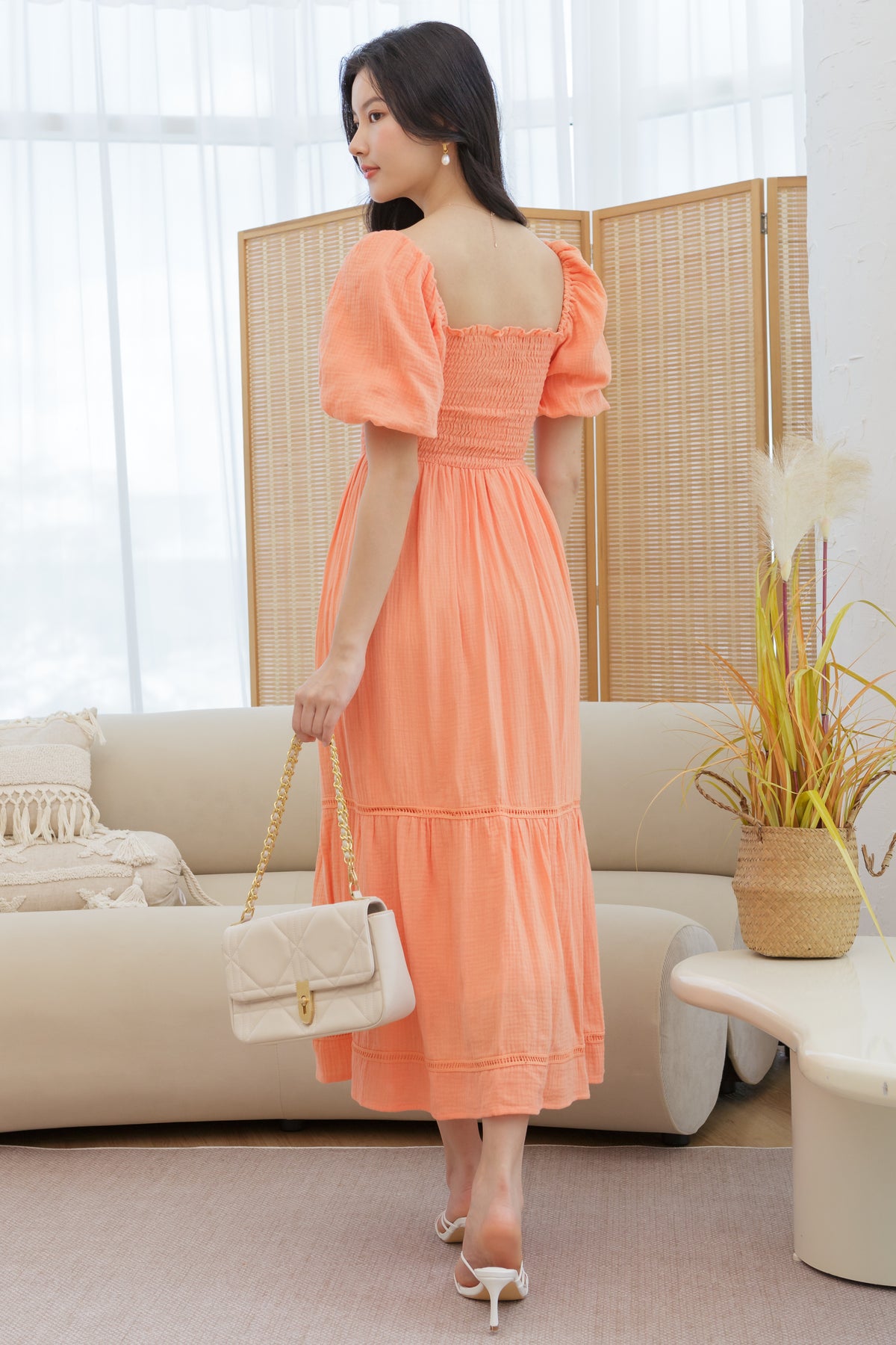 Daphne Pouf Sleeves Smocked Dress in Salmon