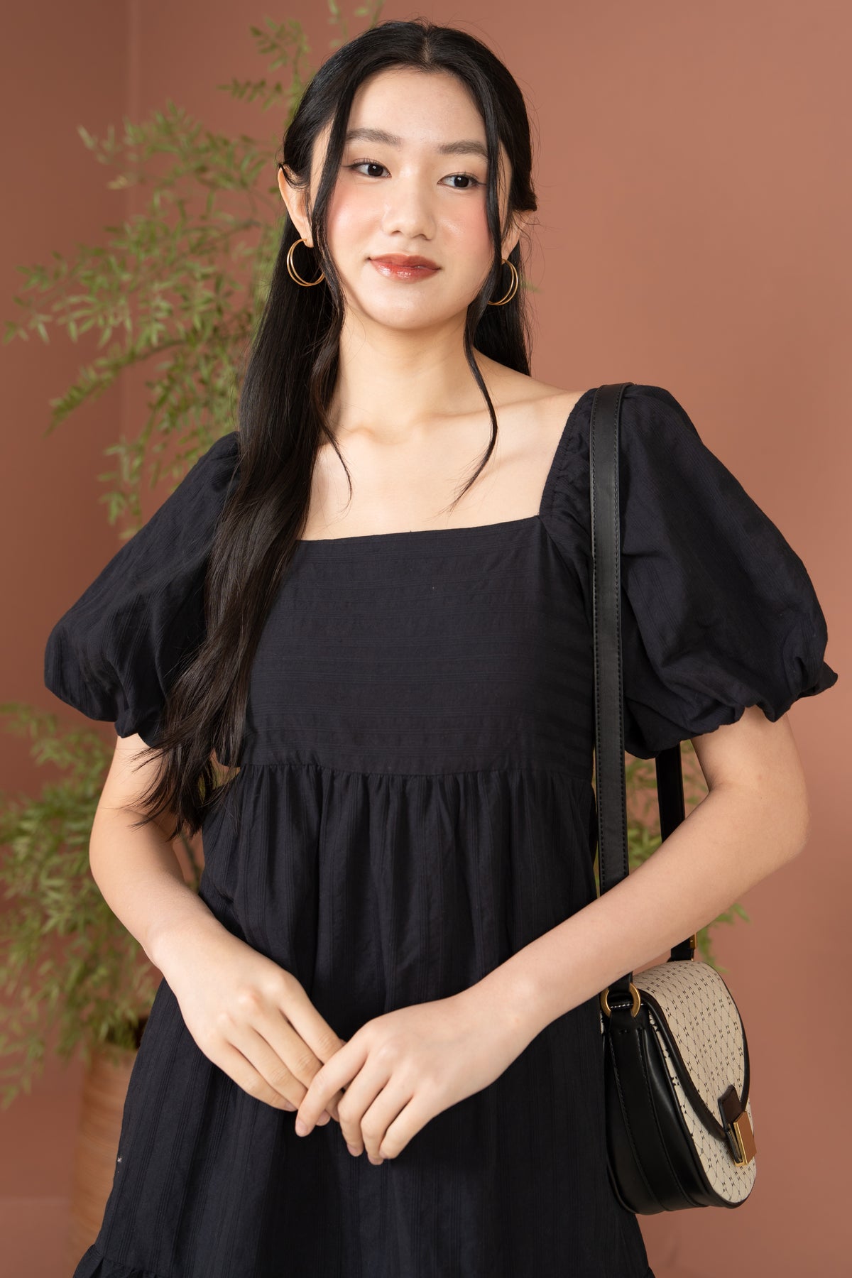 Jules Puffy Sleeves Babydoll Dress in Black