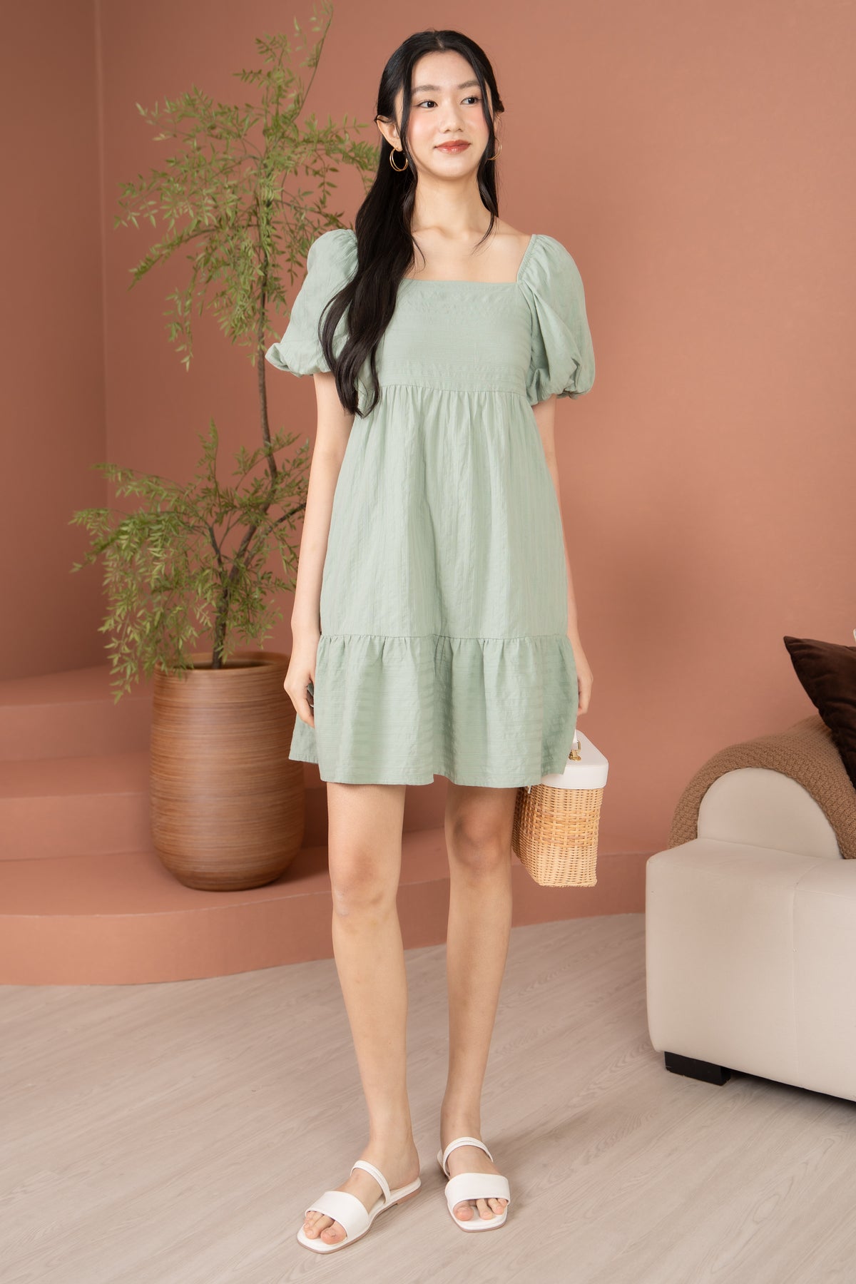 Jules Puffy Sleeves Babydoll Dress in Sage