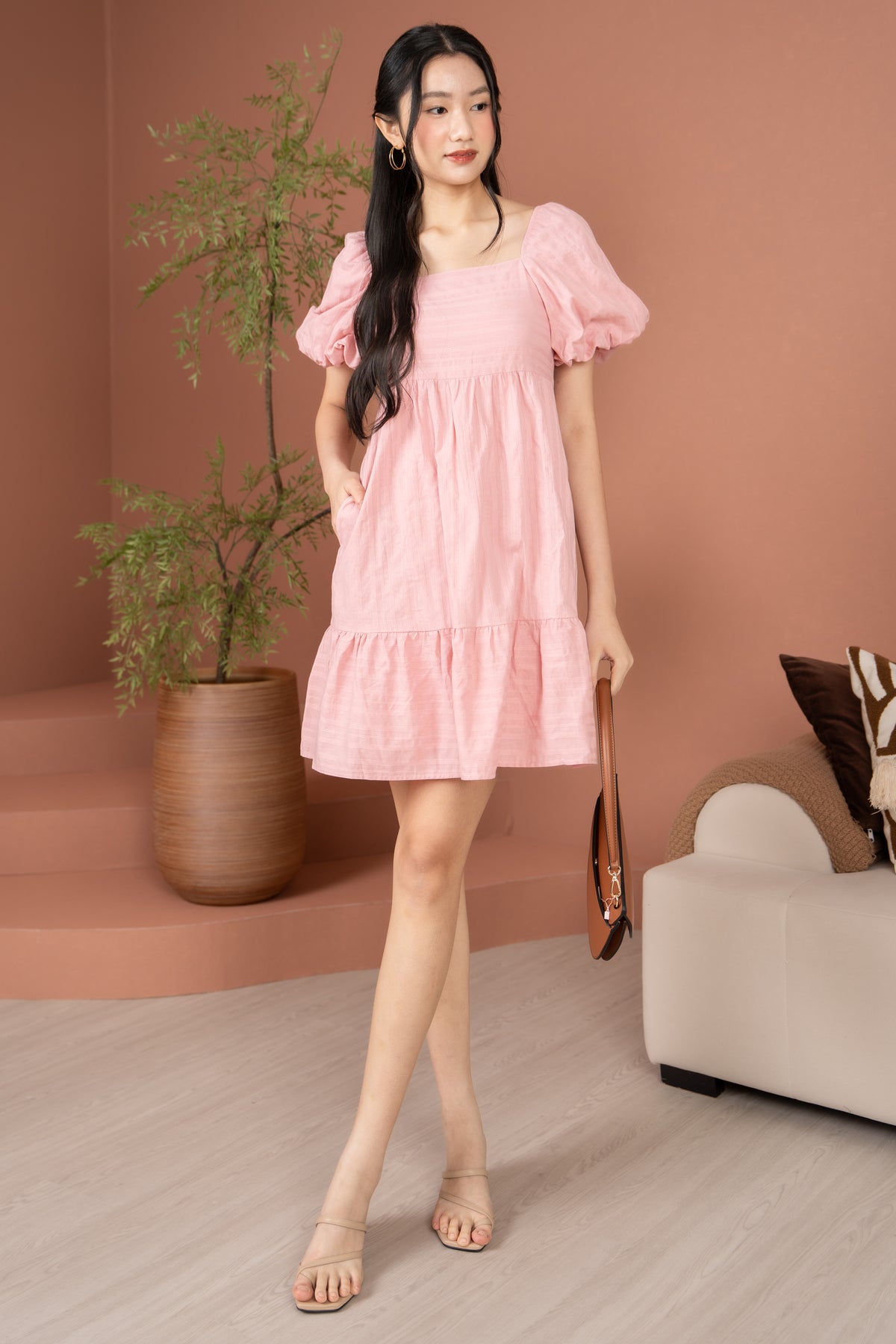 Jules Puffy Sleeves Babydoll Dress in Pink