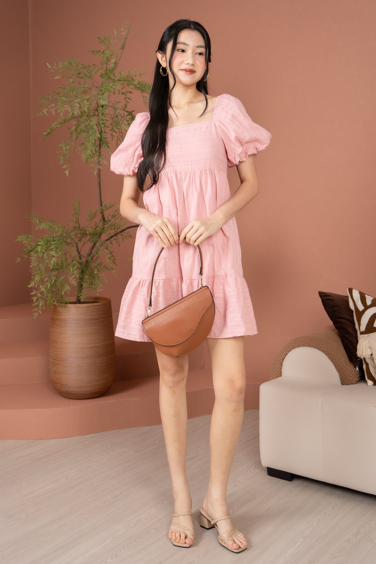 Jules Puffy Sleeves Babydoll Dress in Pink