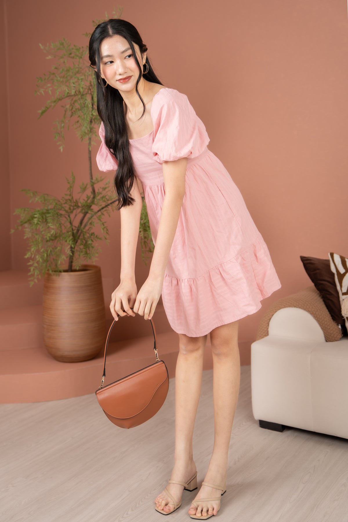 Jules Puffy Sleeves Babydoll Dress in Pink