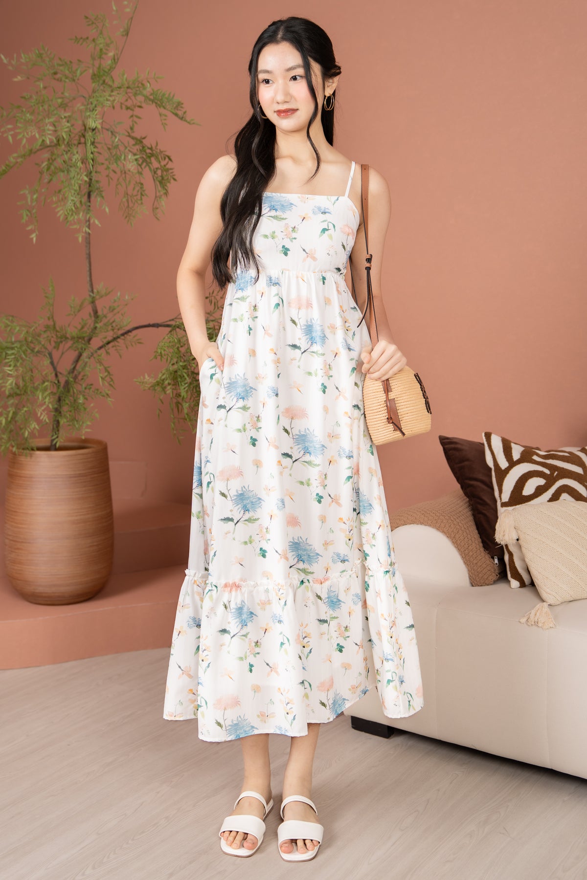 Chrysanth Strappy Drophem Dress in Blue
