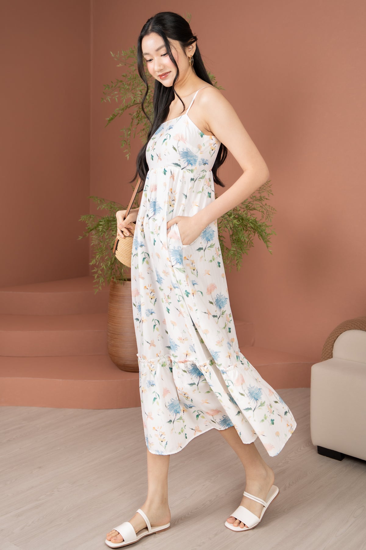 Chrysanth Strappy Drophem Dress in Blue