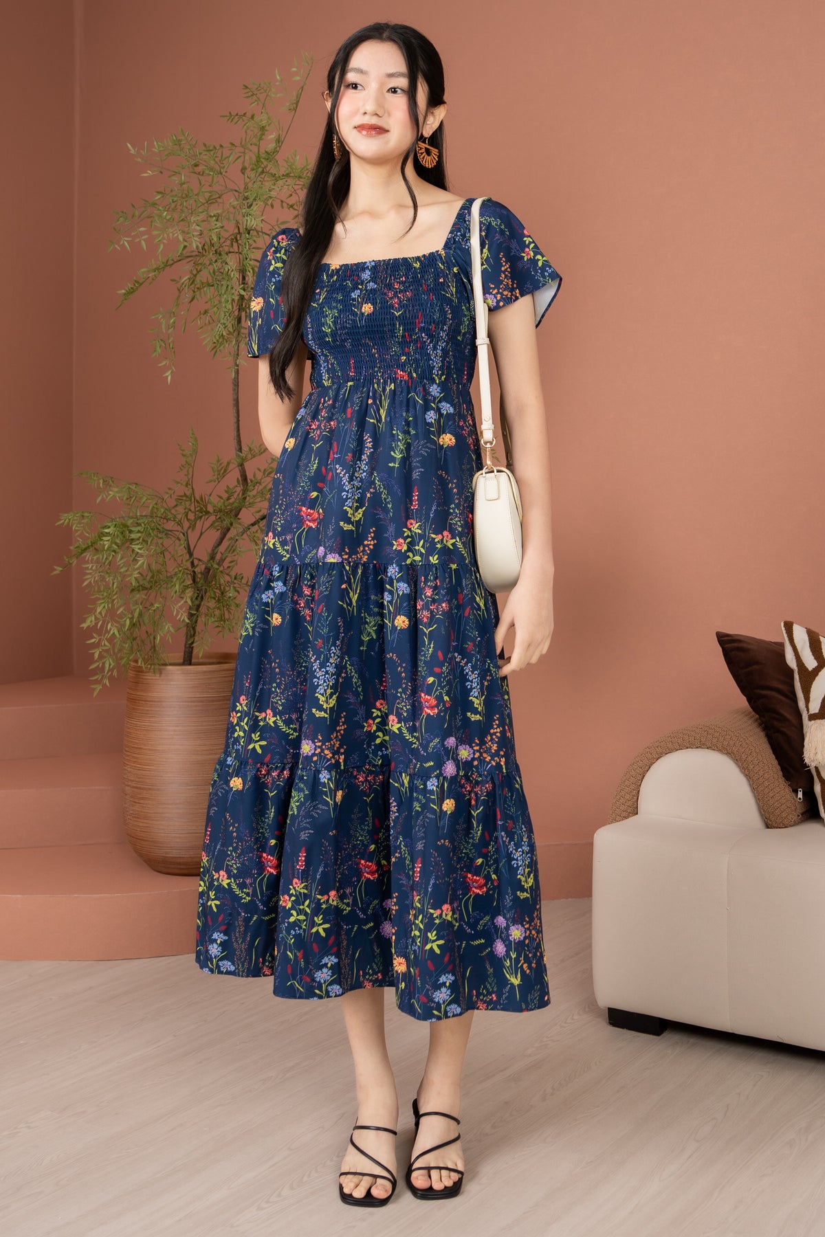 Flower Field Flutter Sleeves Smocked Tiered Dress in Navy