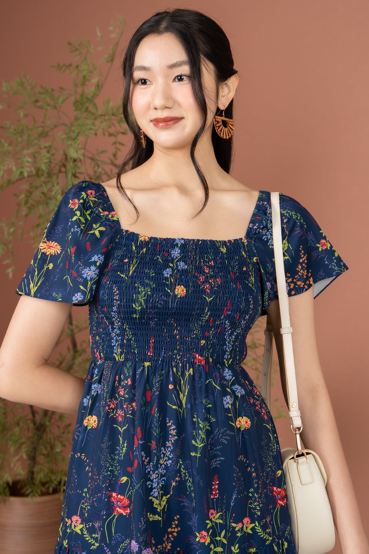 Flower Field Flutter Sleeves Smocked Tiered Dress in Navy