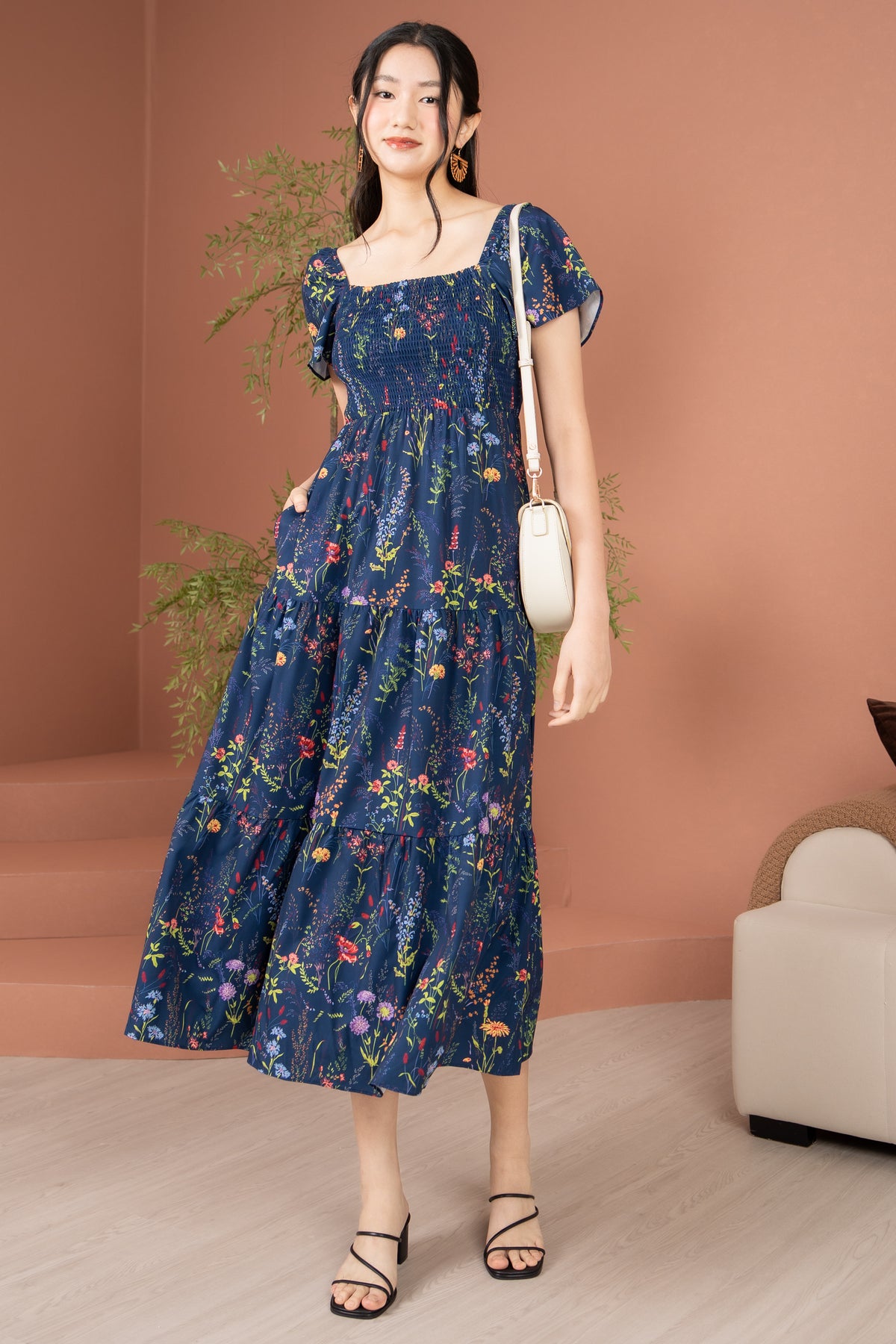 Flower Field Flutter Sleeves Smocked Tiered Dress in Navy