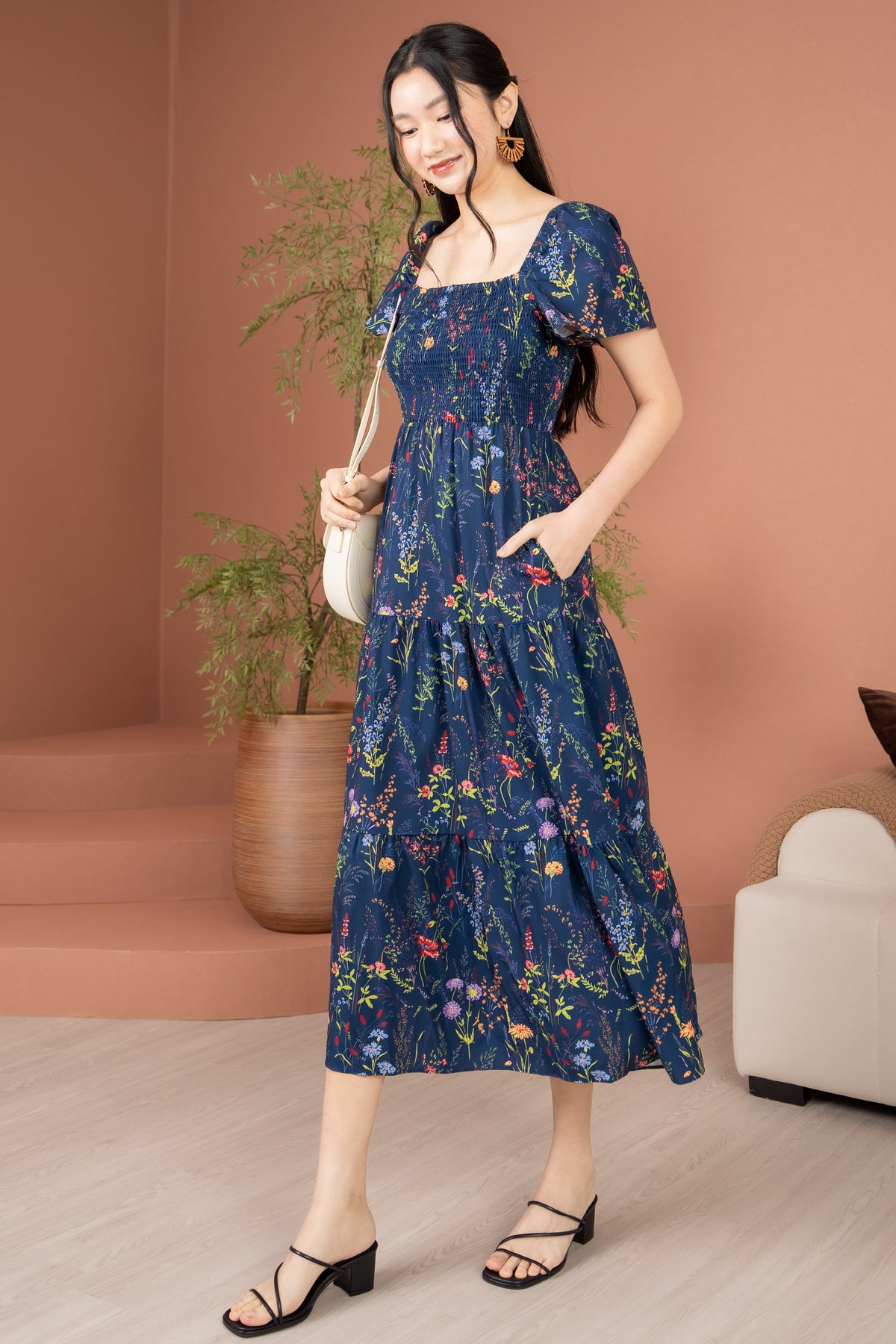 Flower Field Flutter Sleeves Smocked Tiered Dress in Navy
