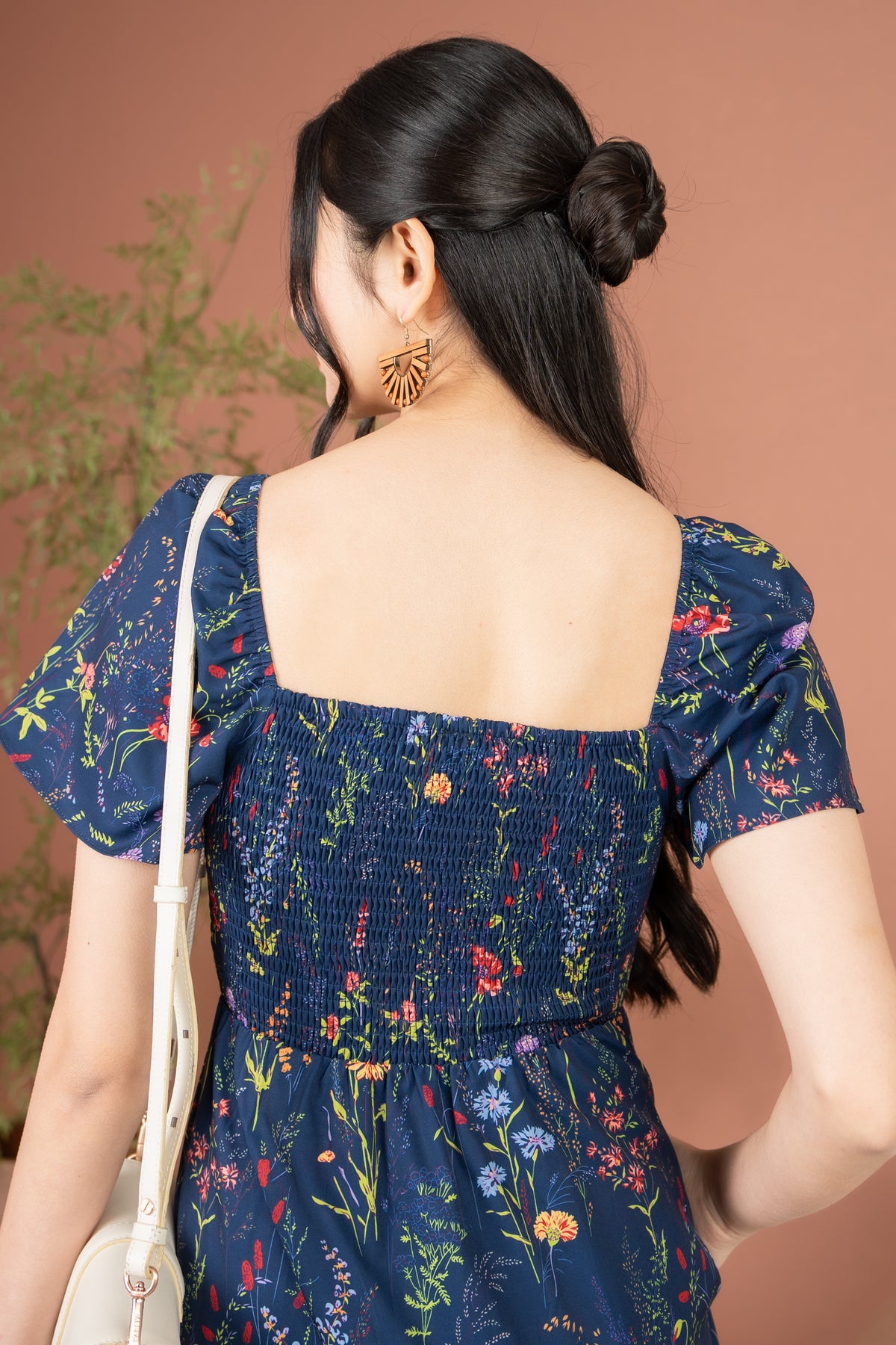 Flower Field Flutter Sleeves Smocked Tiered Dress in Navy