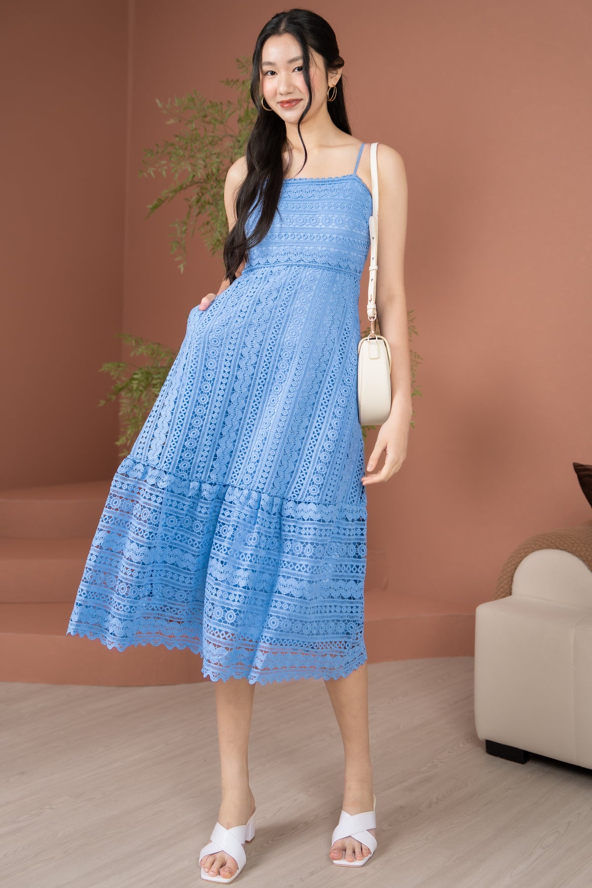 Tilia Crochet Strappy Drophem Dress in Cornflower Blue
