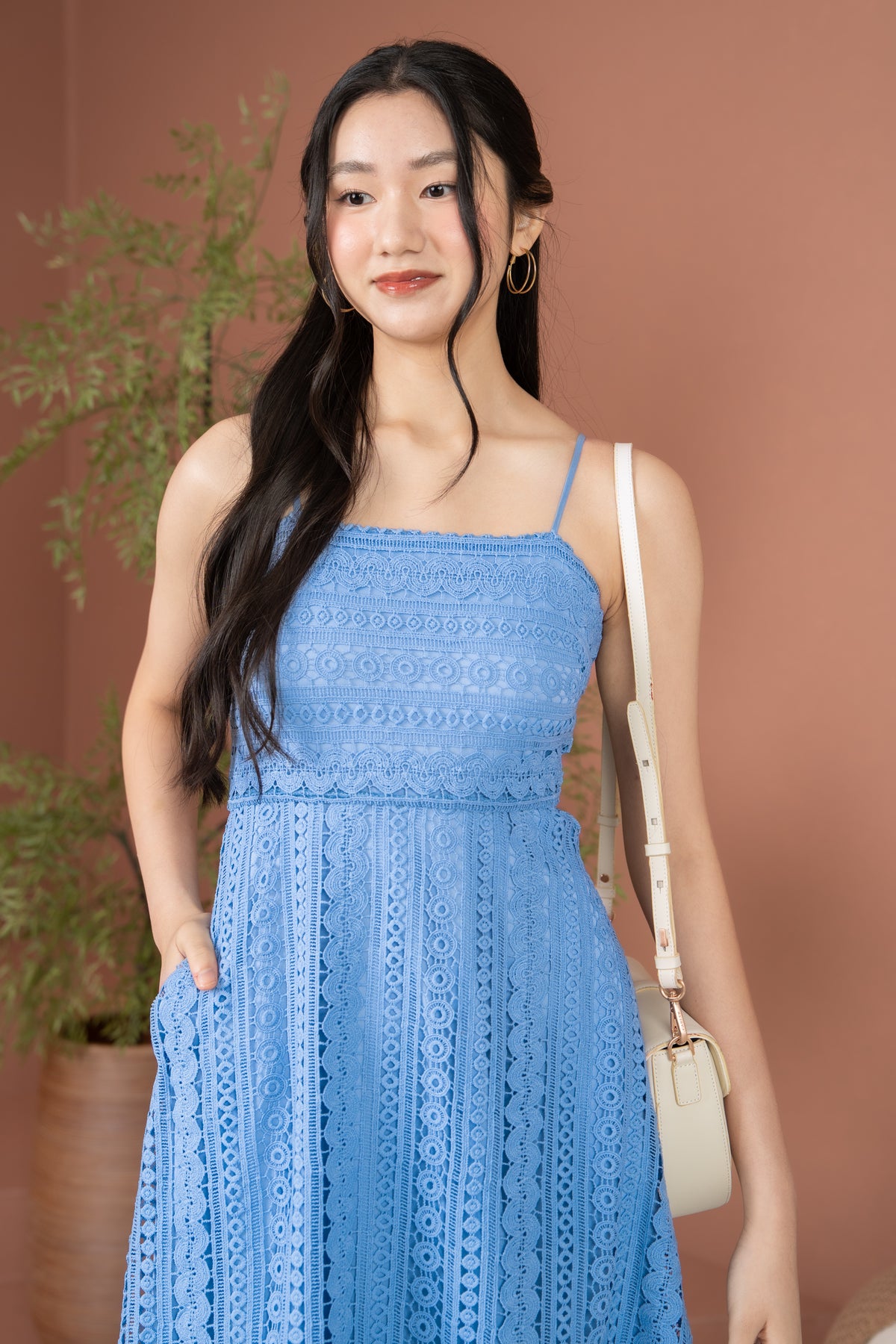Tilia Crochet Strappy Drophem Dress in Cornflower Blue