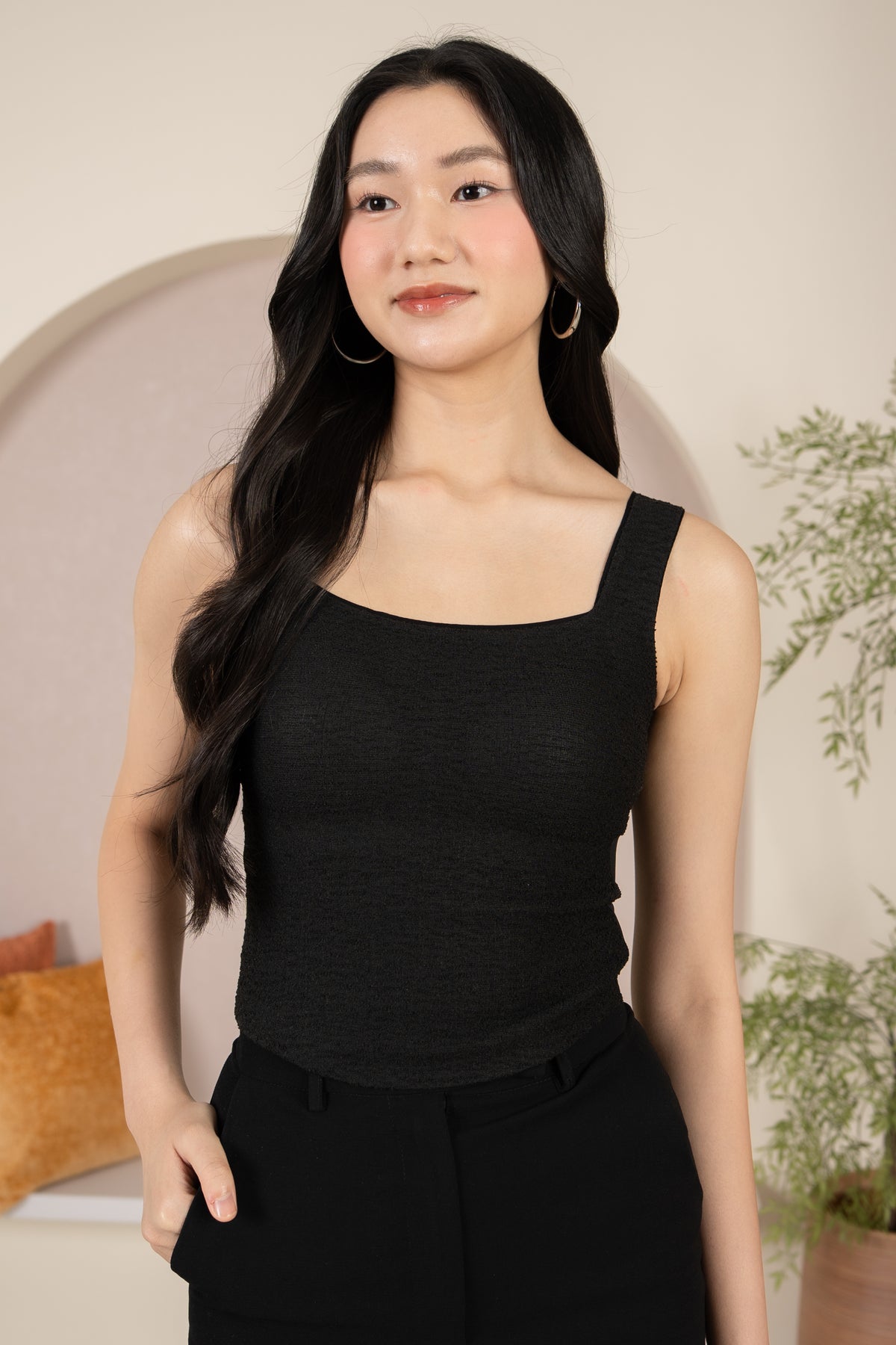 Padded Tweed Square Neck Top in Black