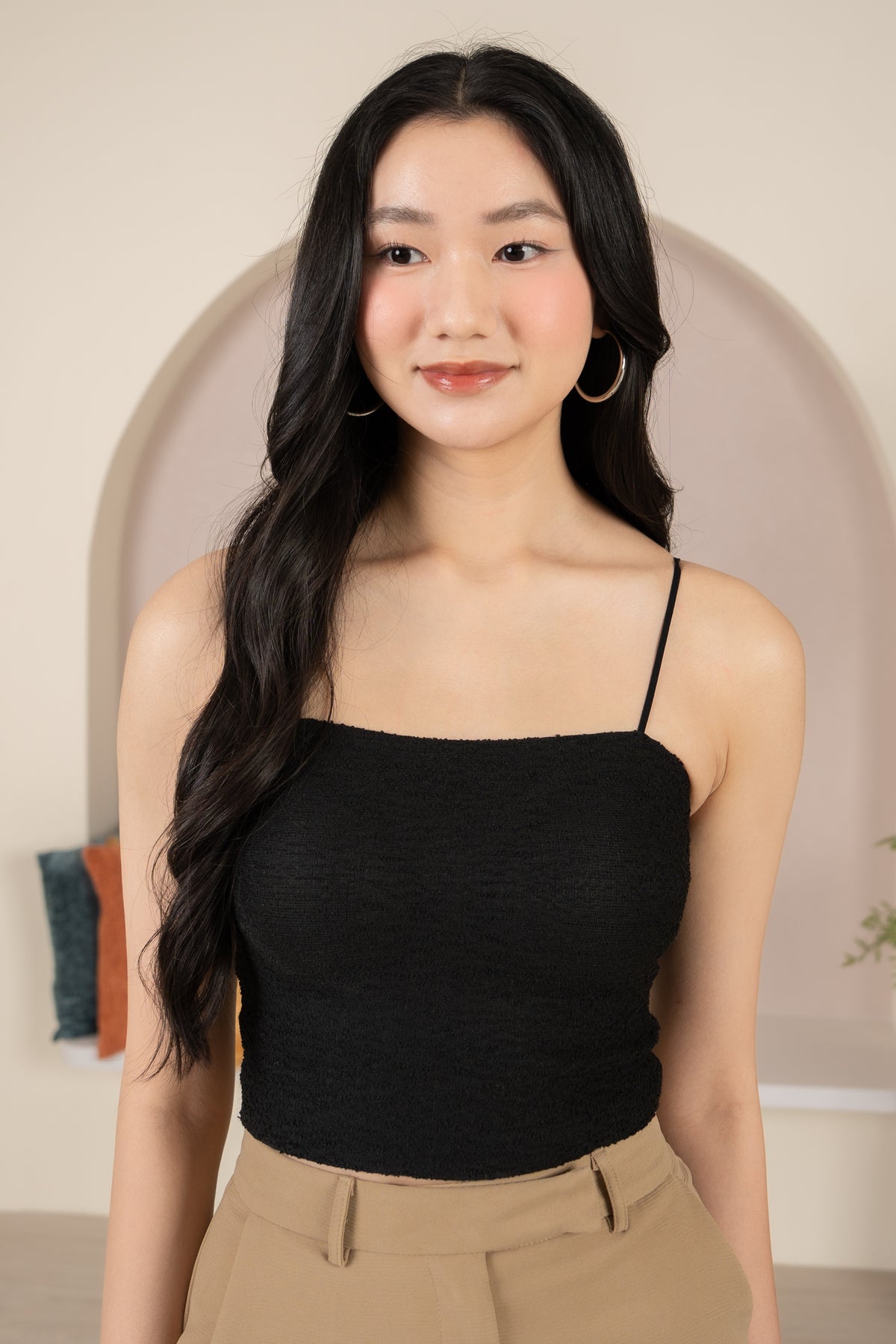 Padded Tweed Strappy Top  in Black