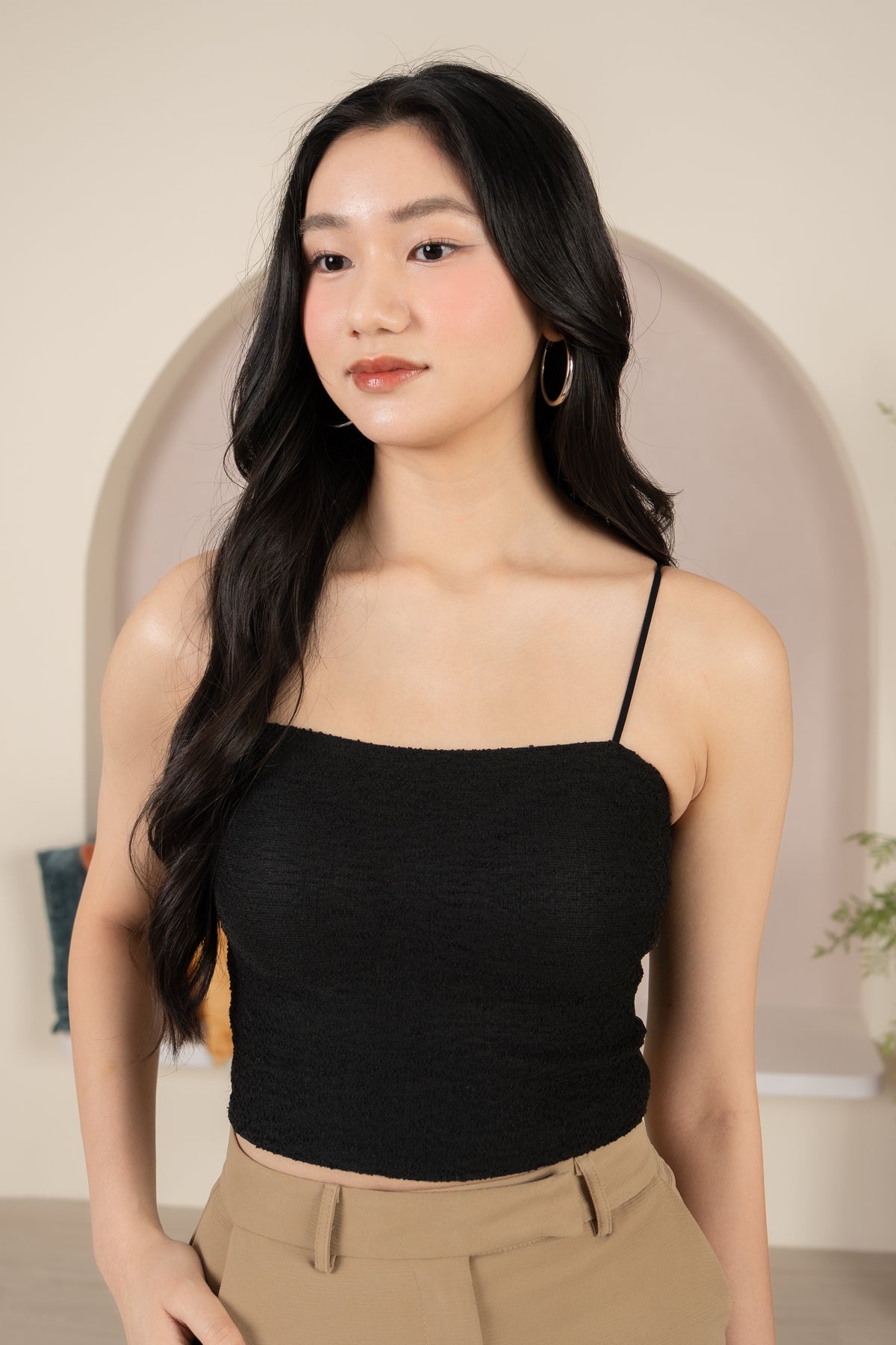 Padded Tweed Strappy Top  in Black