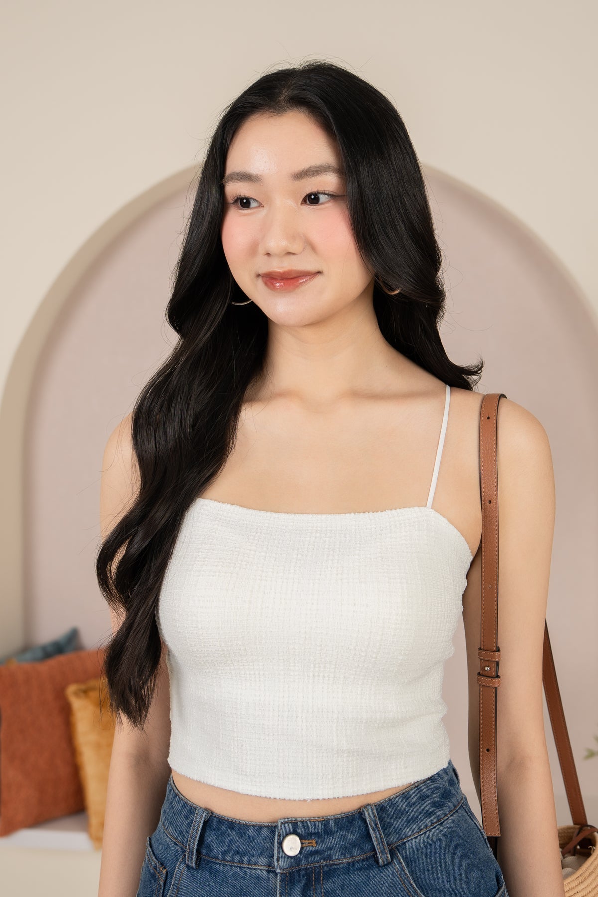 Padded Tweed Strappy Top in White