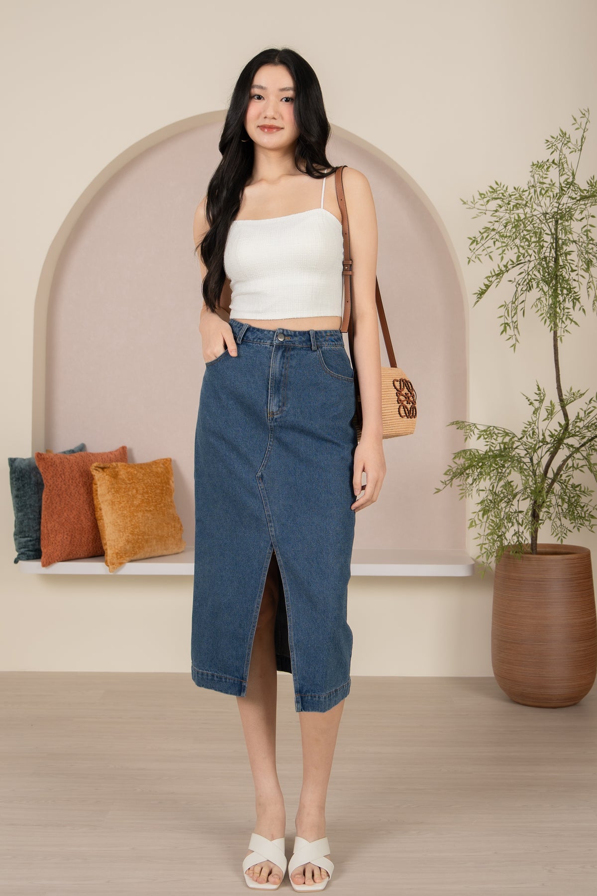 Padded Tweed Strappy Top in White