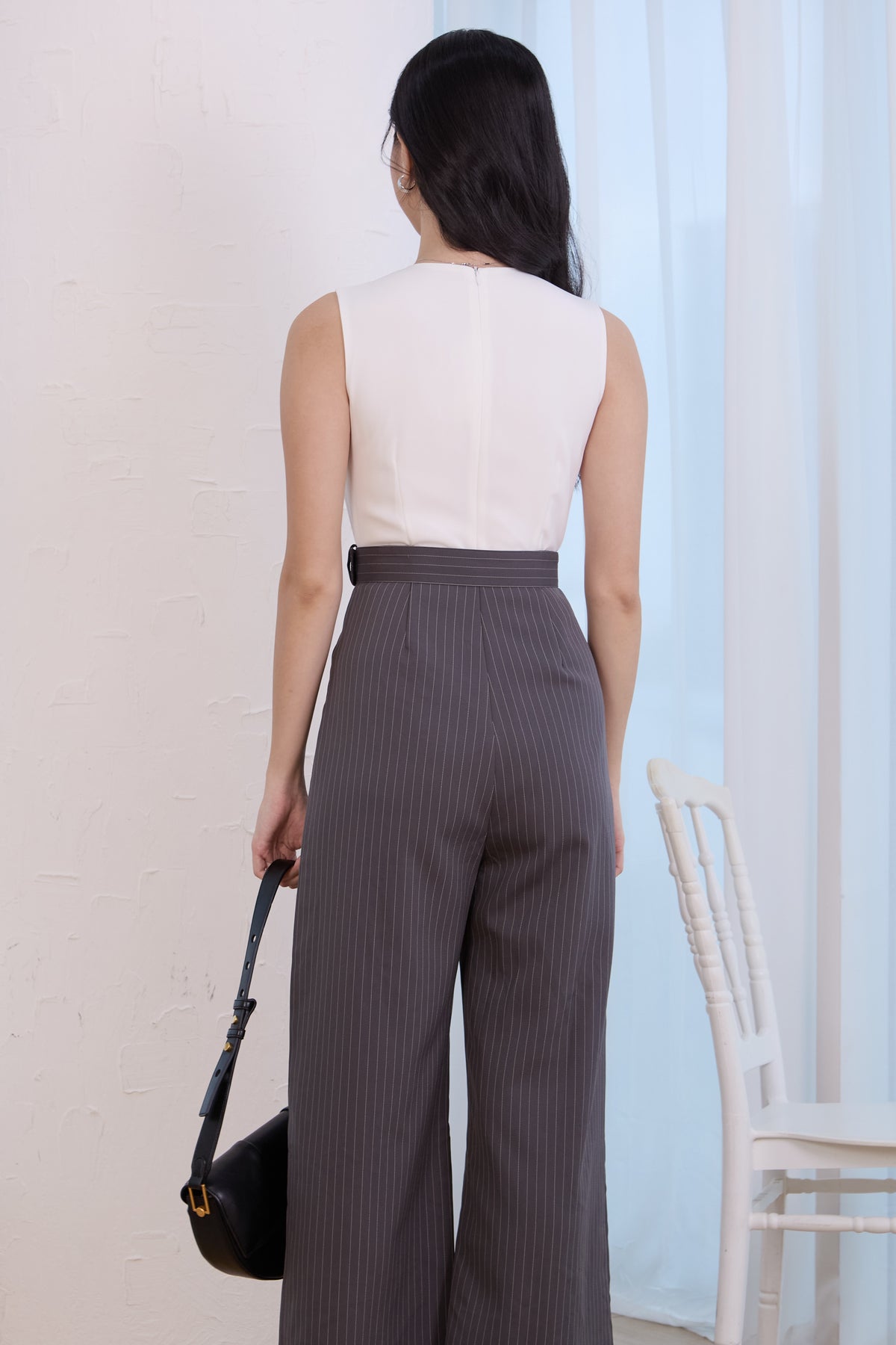 V-Neck Striped Colourblock Jumpsuit in White Grey