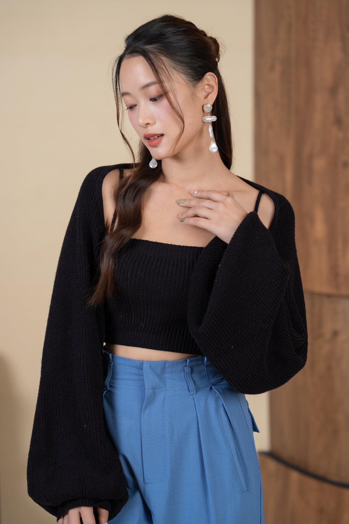 Holly Knit Cami+Bolero Set in Black