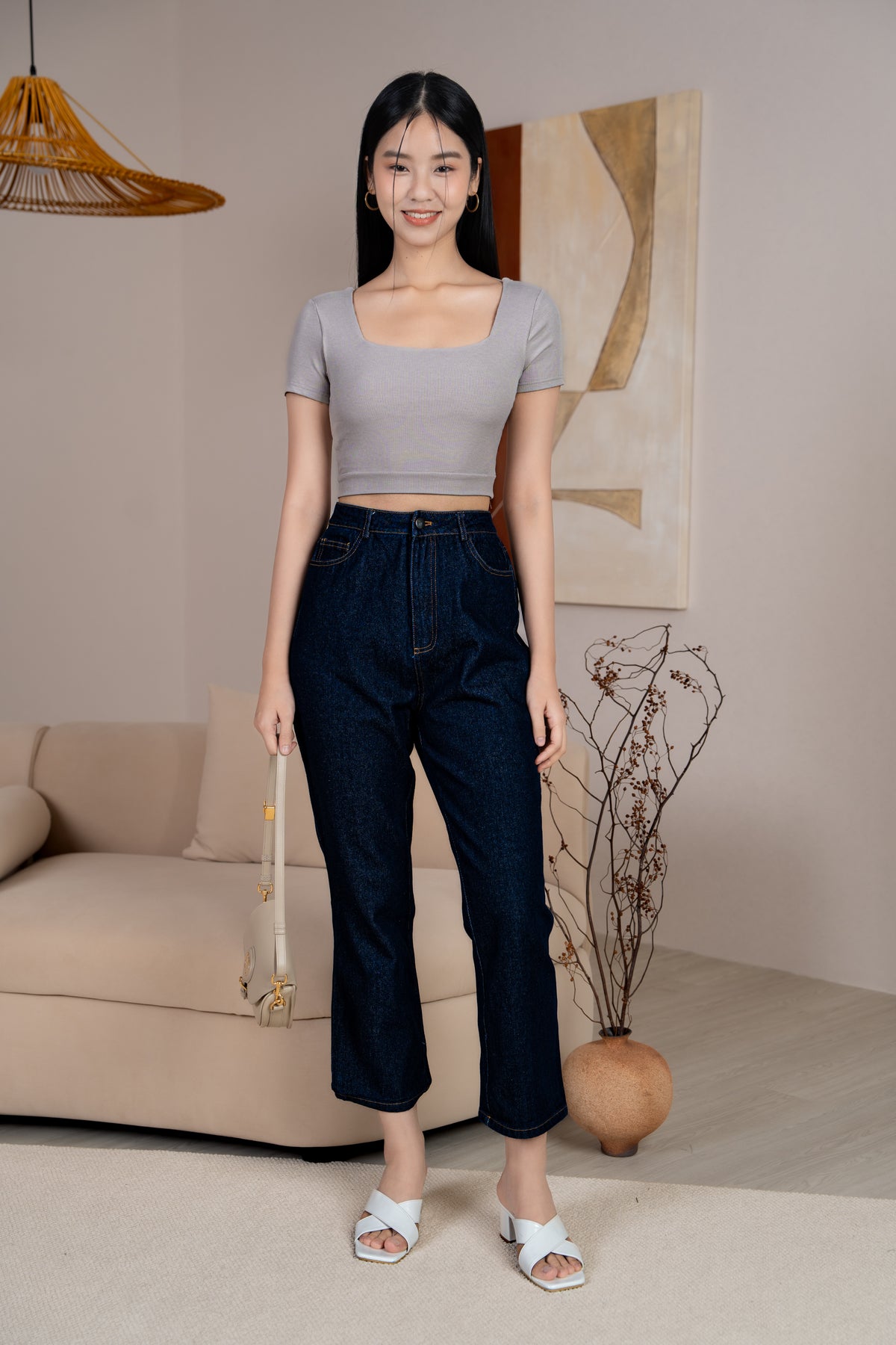 Scoop-Back Ribbed Cropped Top in Taupe